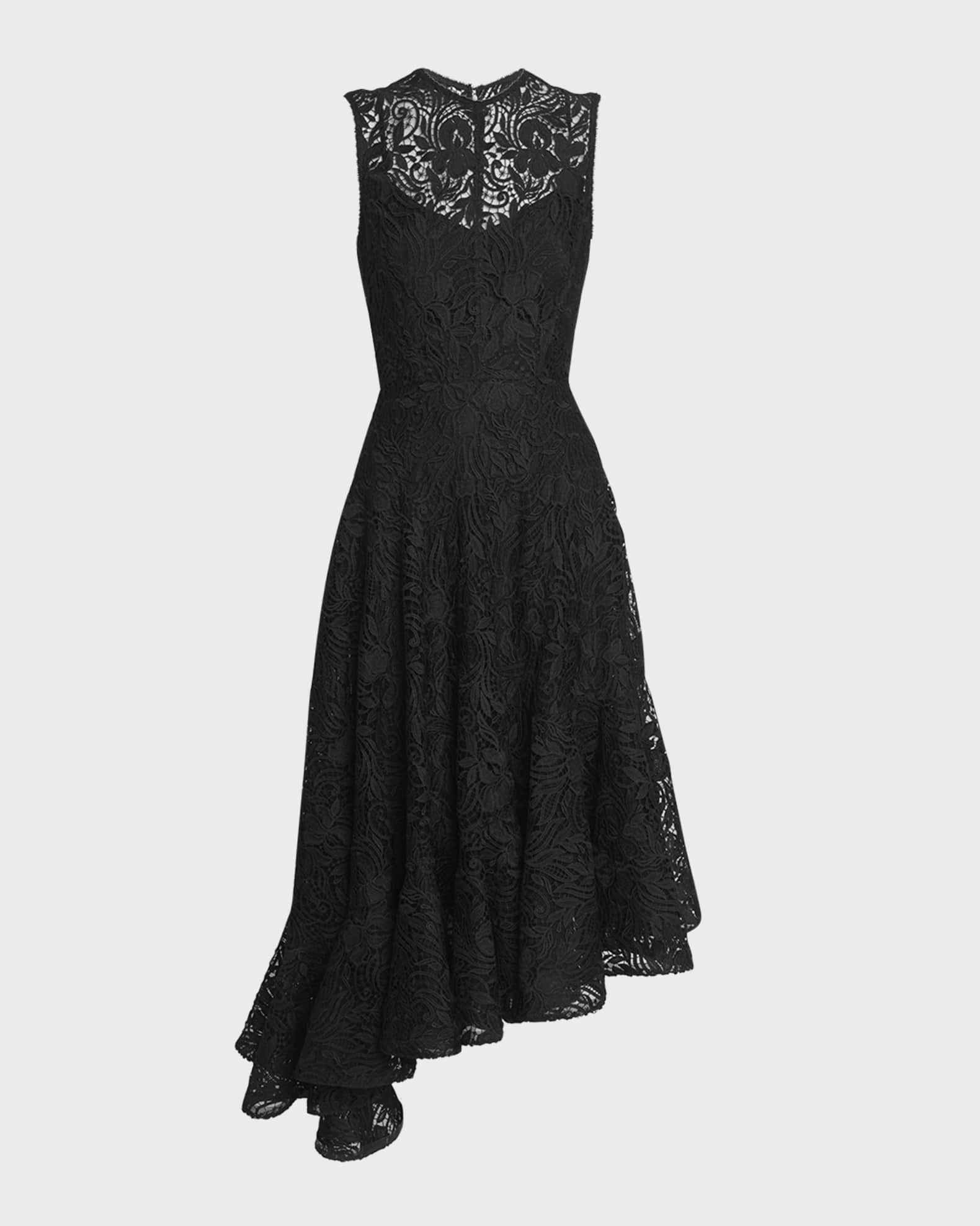 Erdem Sleeveless Asymmetric Ruffle Lace Illusion Midi Dress | Neiman Marcus