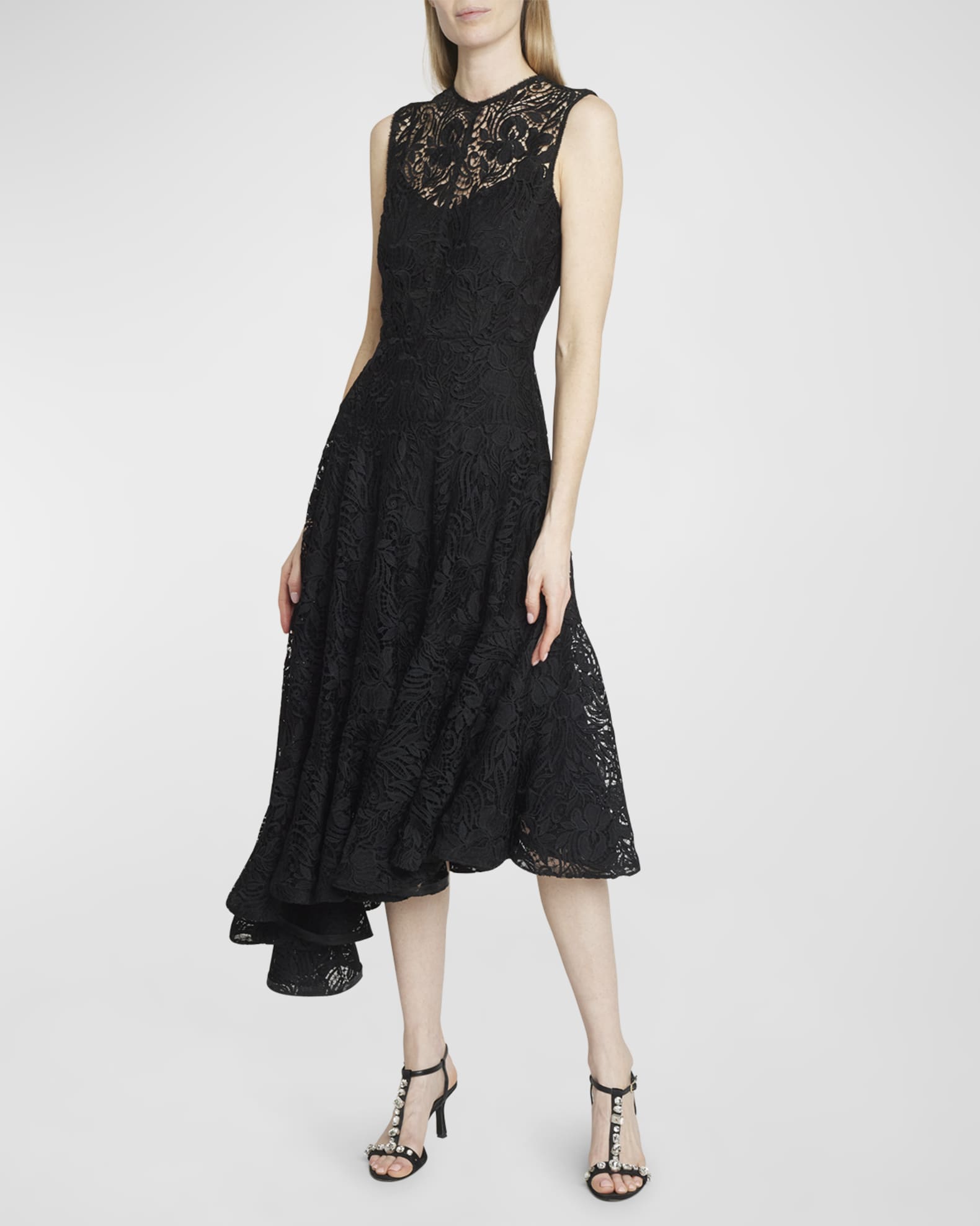 Erdem Sleeveless Asymmetric Ruffle Lace Illusion Midi Dress | Neiman Marcus