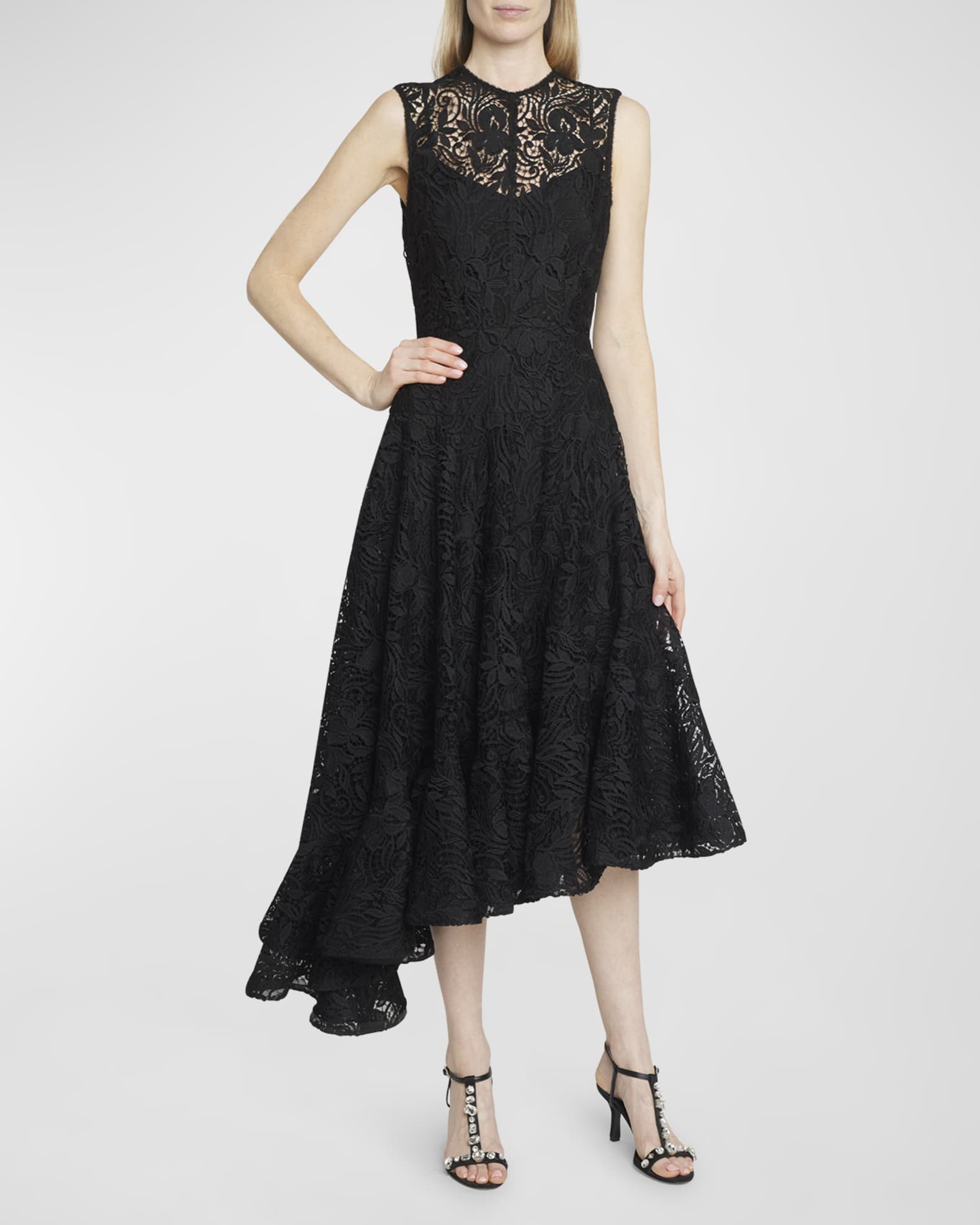 Erdem Sleeveless Asymmetric Ruffle Lace Illusion Midi Dress | Neiman Marcus
