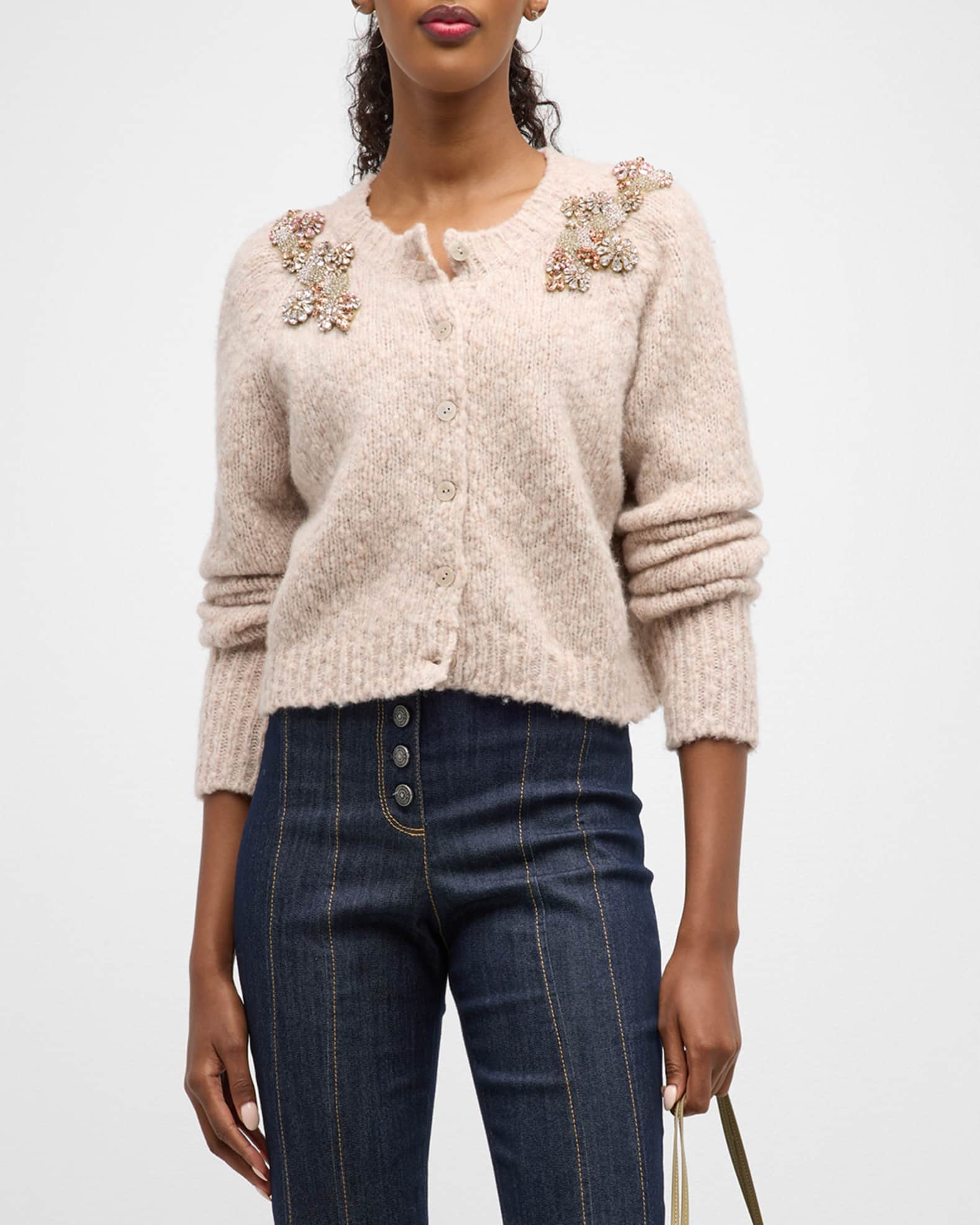 Cinq a Sept Millie Diamond Daises Embellished Wool Cardigan | Neiman Marcus