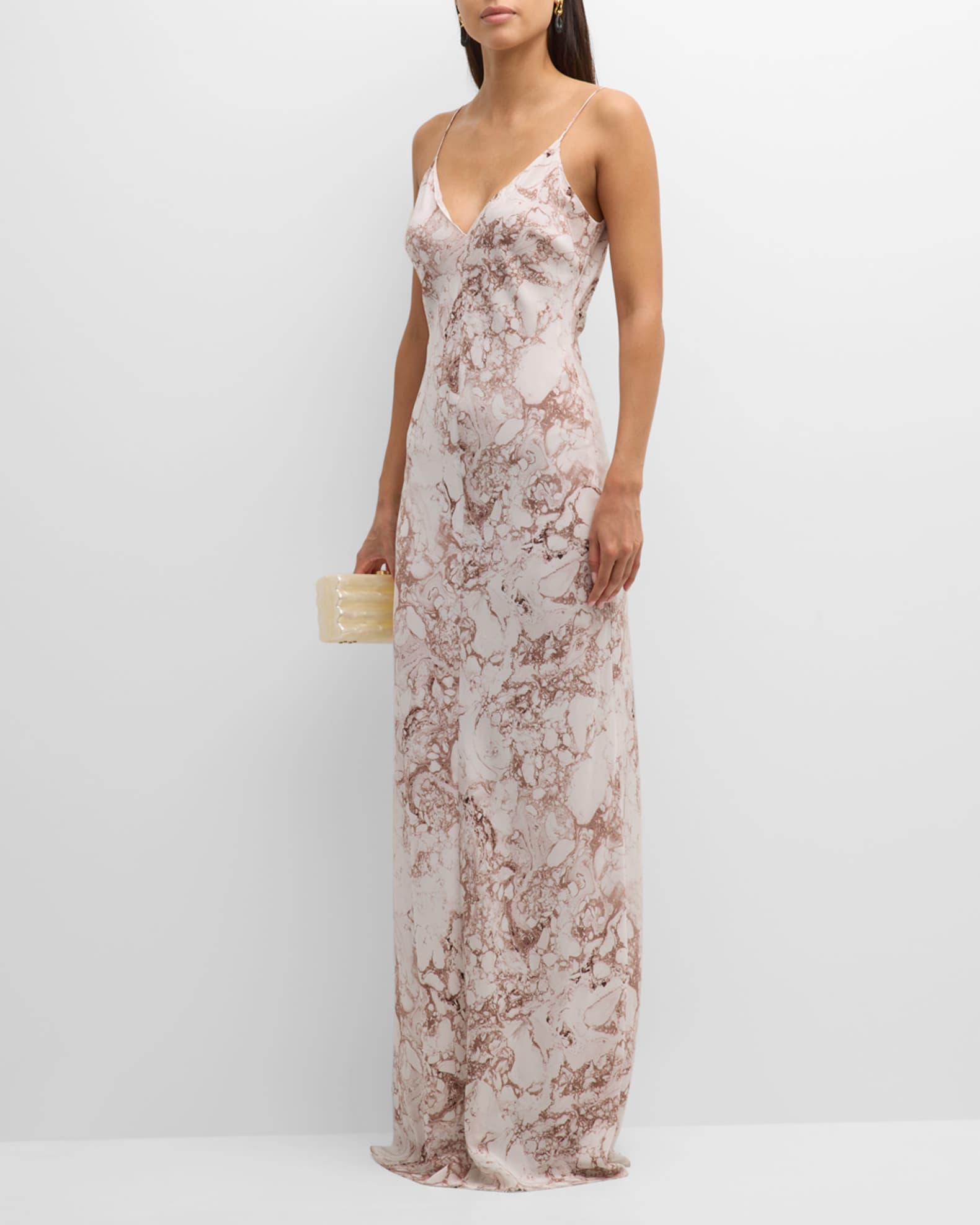 Salon 1884 Lidia Marble-Print V-Neck Open-Back Silk Maxi Dress 