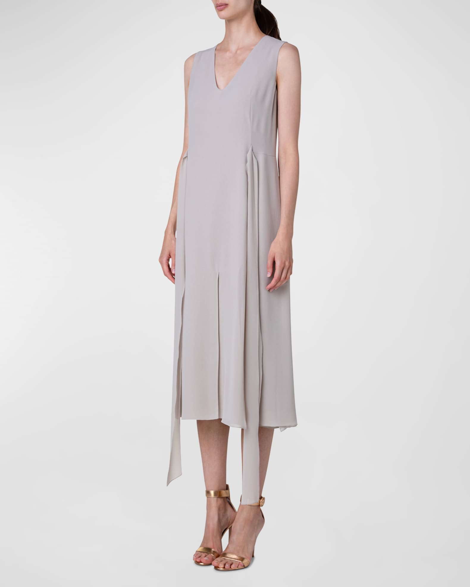 V Neck Sleeveless Waist Tie Silk Midi Dress
