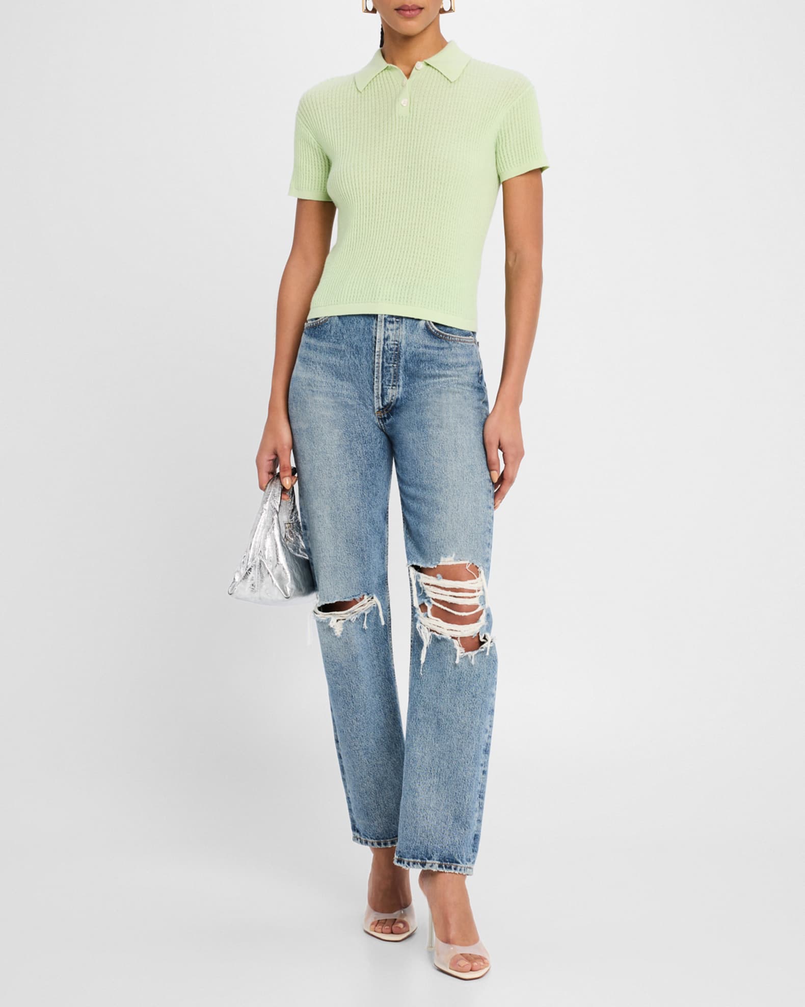 Cashmere Short-Sleeve Shrunken Polo Sweater 1