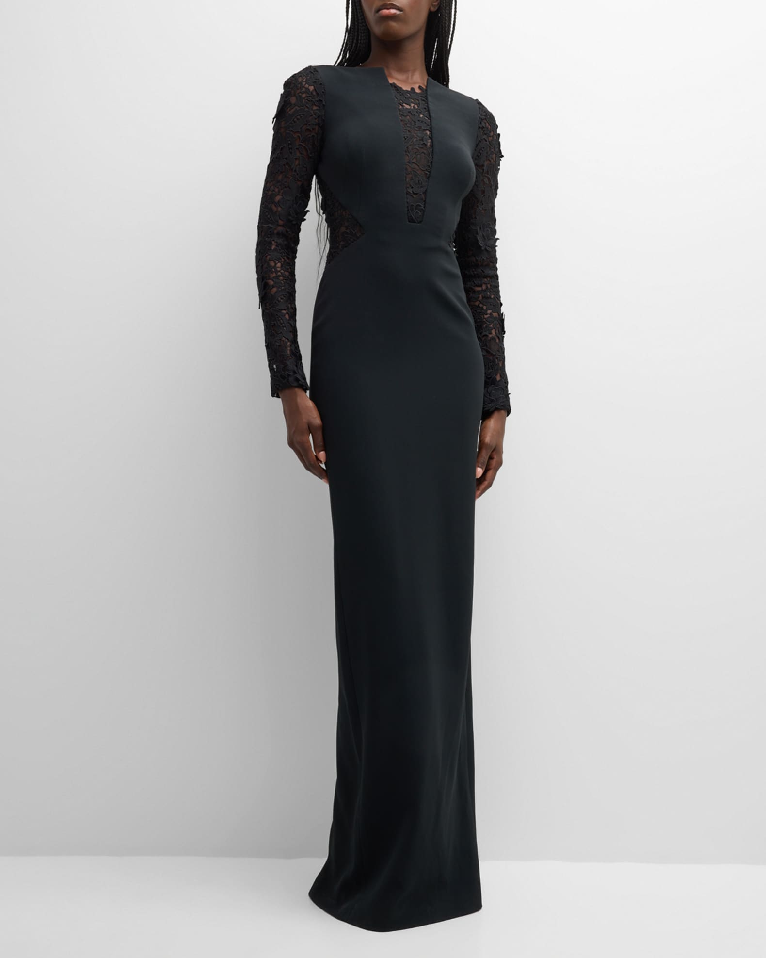 Pamella Roland Black Crepe Gown with Lace Panels and Sleeves | Neiman ...