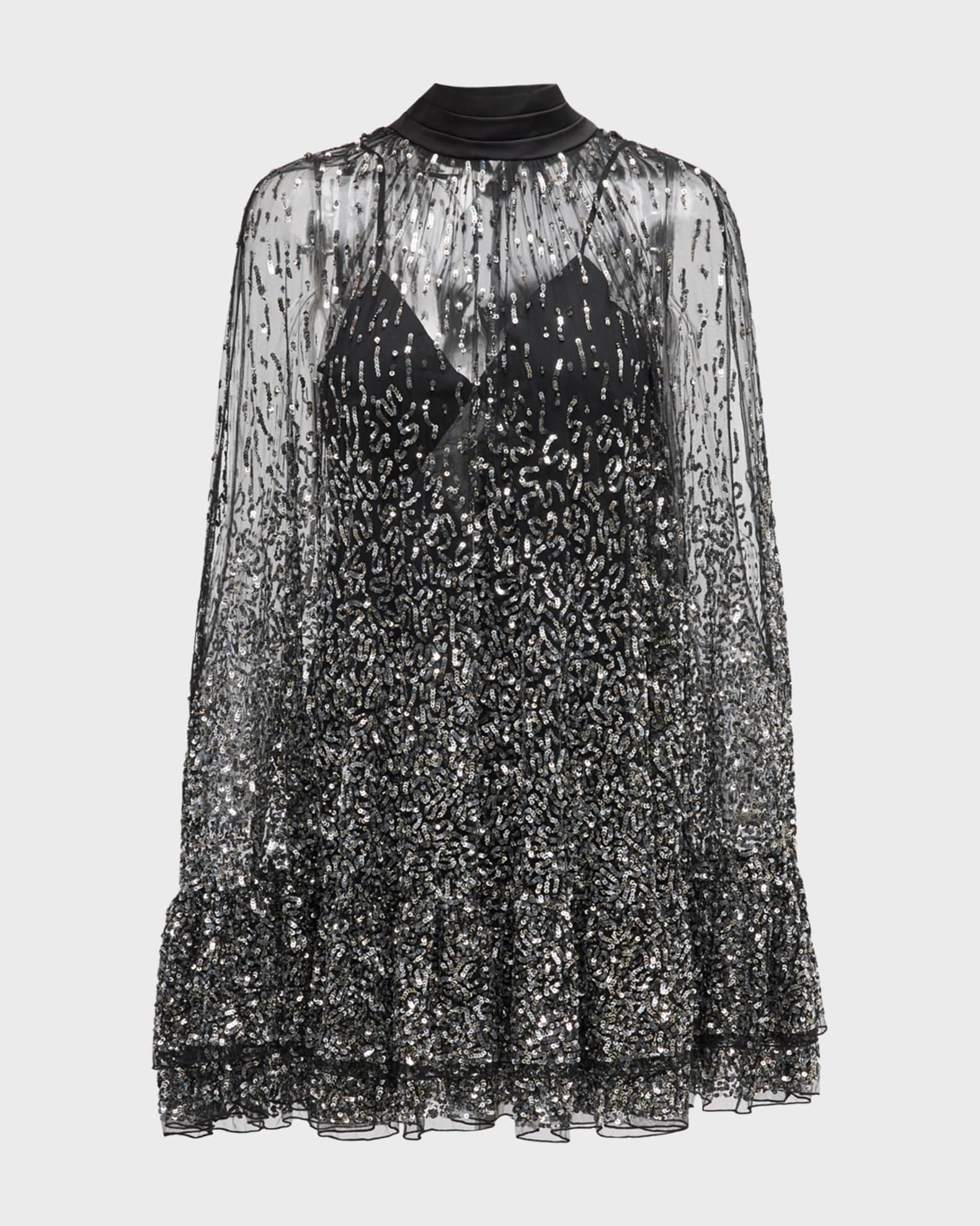 Alice + Olivia Zenon Embellished Tie-Neck Cape Mini Dress