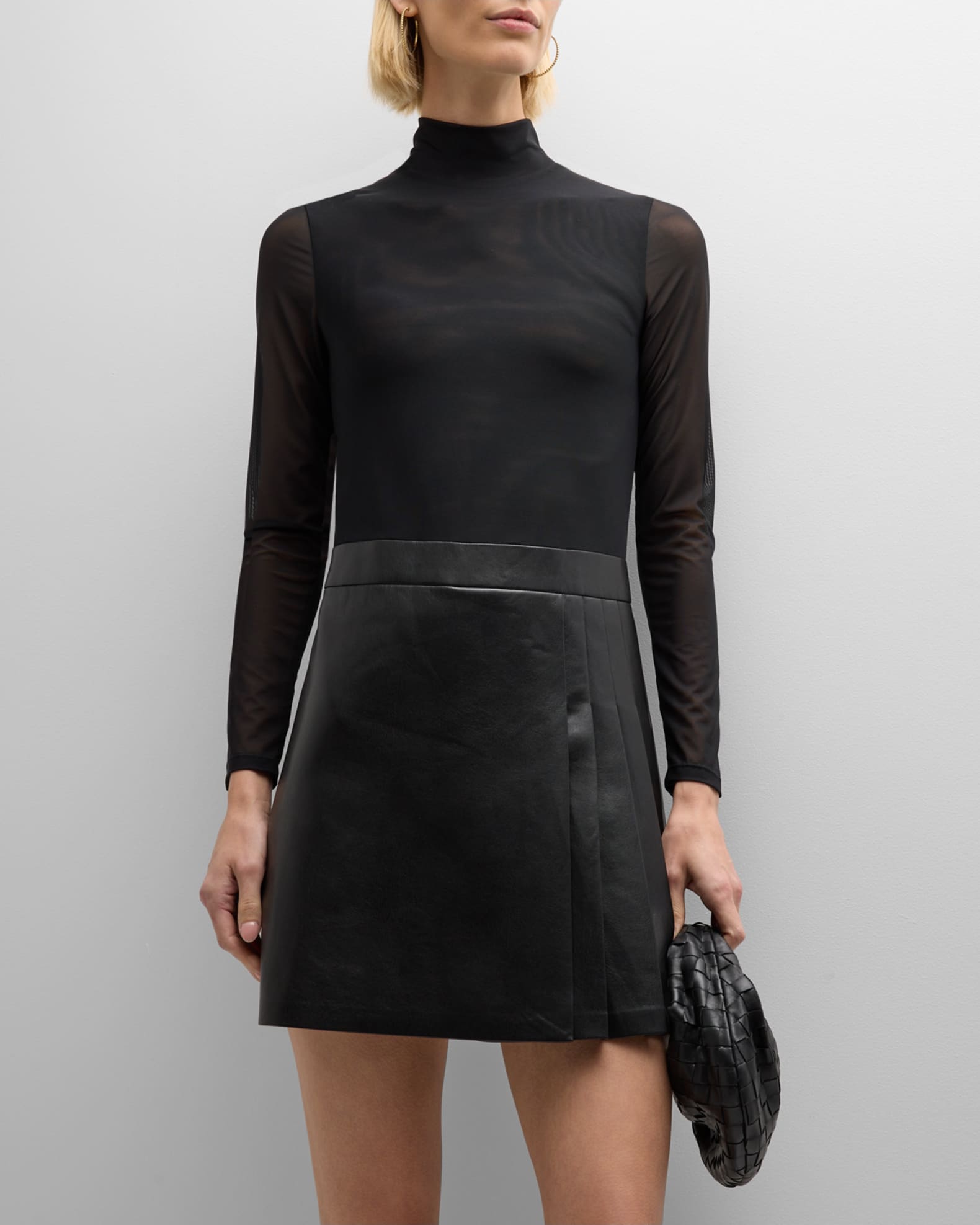 Alice + Olivia Chara Long-Sleeve Vegan Leather Pleated Mini