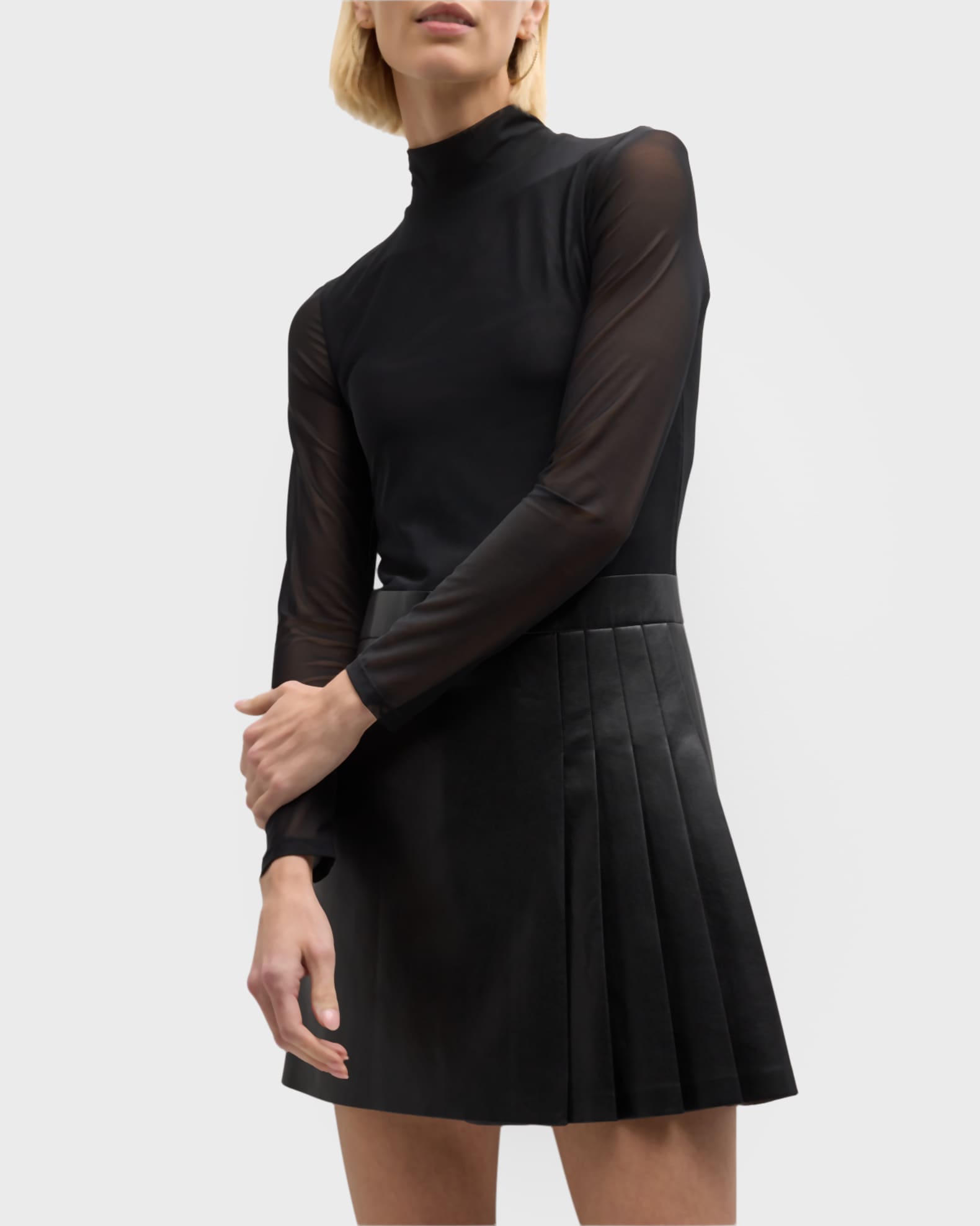Alice + Olivia Chara Long-Sleeve Vegan Leather Pleated Mini