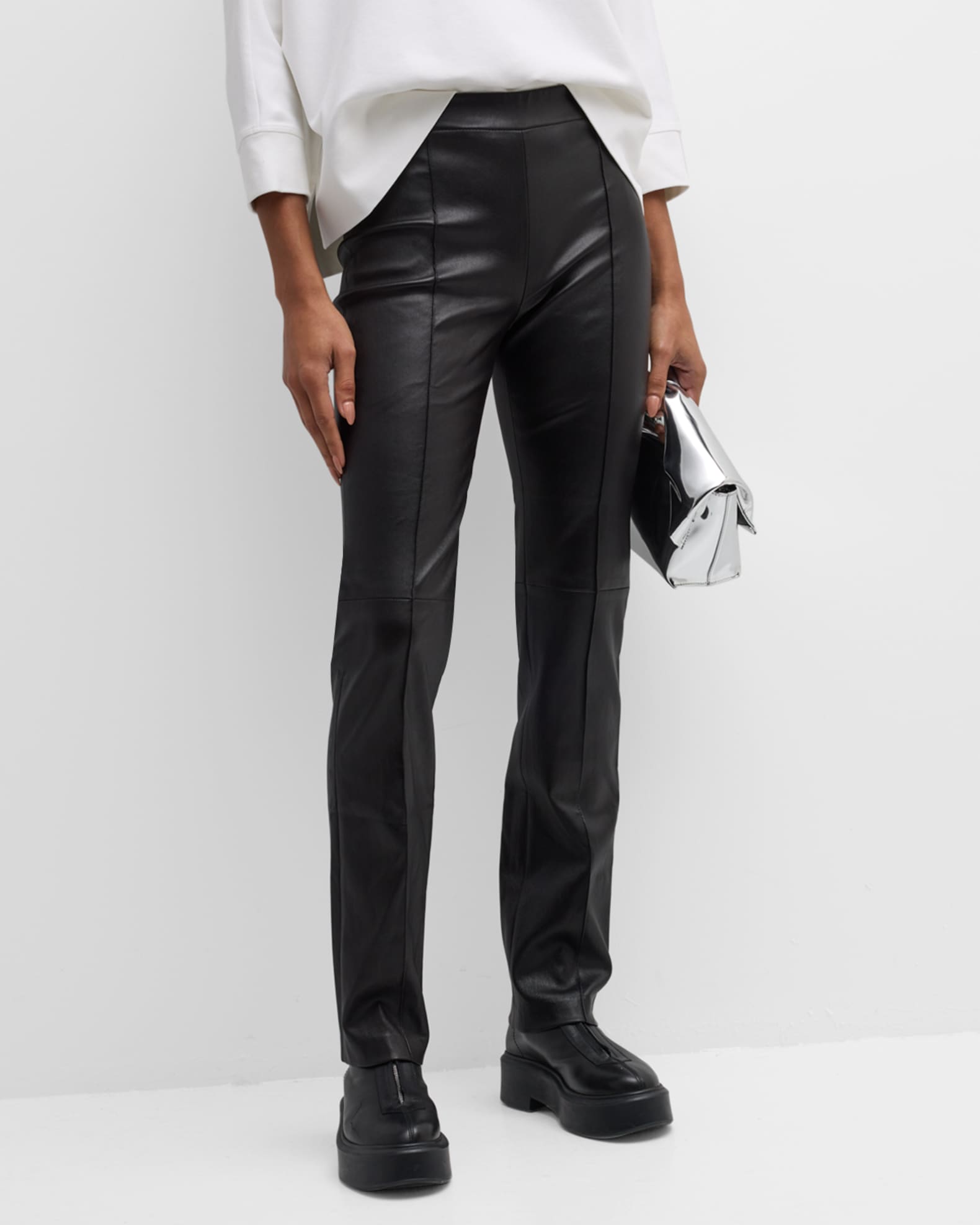 Leather Pintuck Straight-Leg Pull-On Stovepipe Pants 1