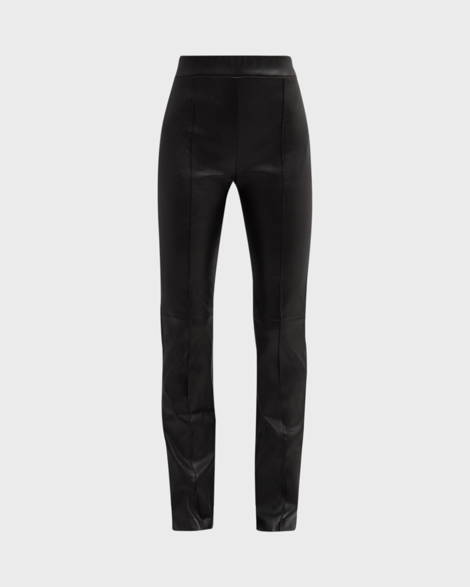 Leather Pintuck Straight-Leg Pull-On Stovepipe Pants 0