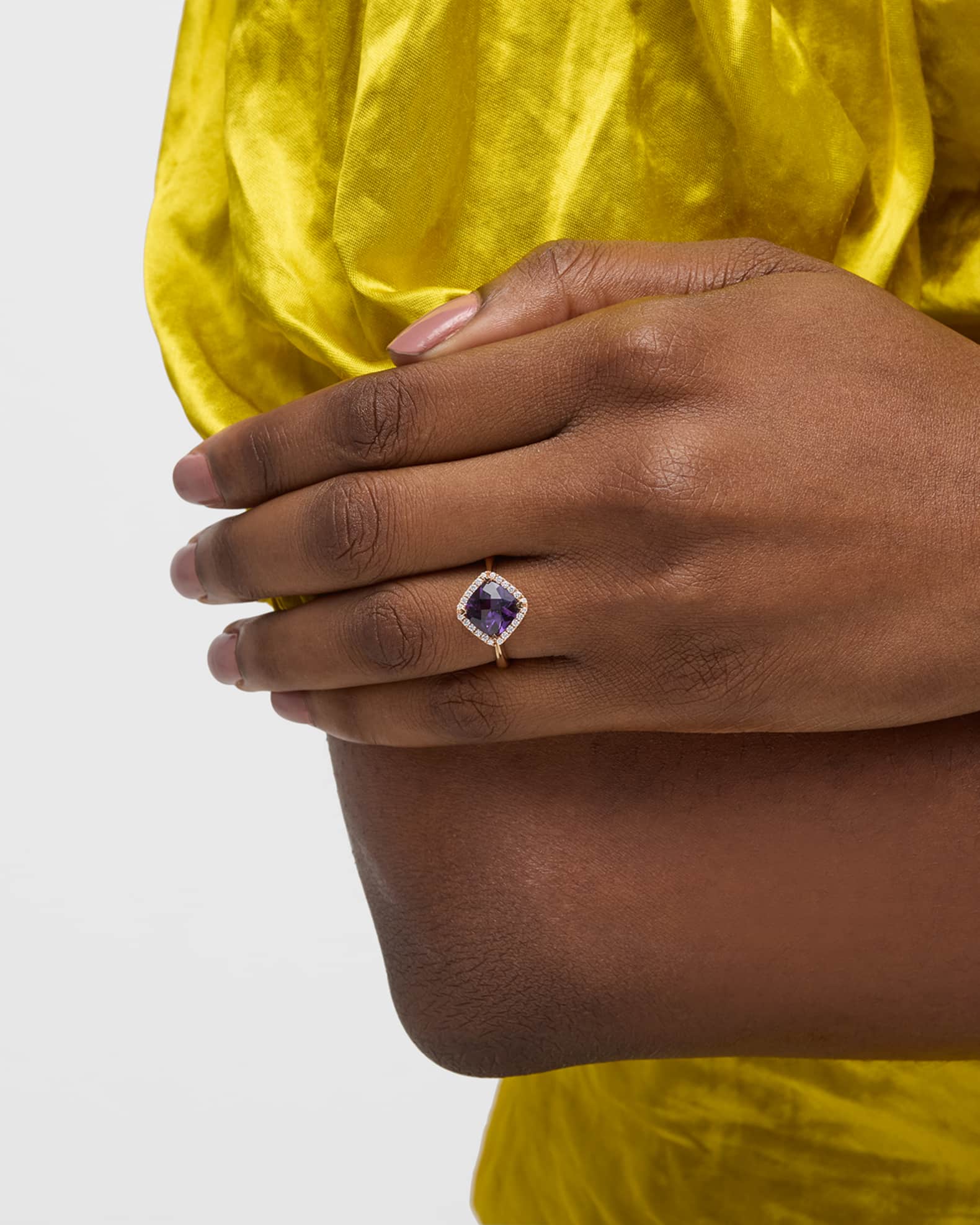 Rocks 18K Rose Gold Petite Cushion Cut Amethyst and Diamond Halo Cocktail Ring, Size 6 1