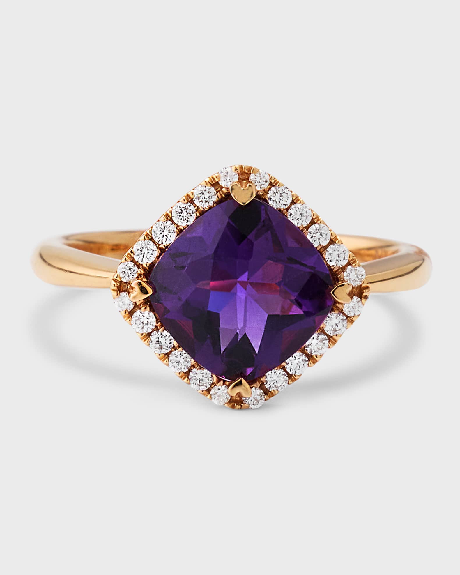 Rocks 18K Rose Gold Petite Cushion Cut Amethyst and Diamond Halo Cocktail Ring, Size 6 0
