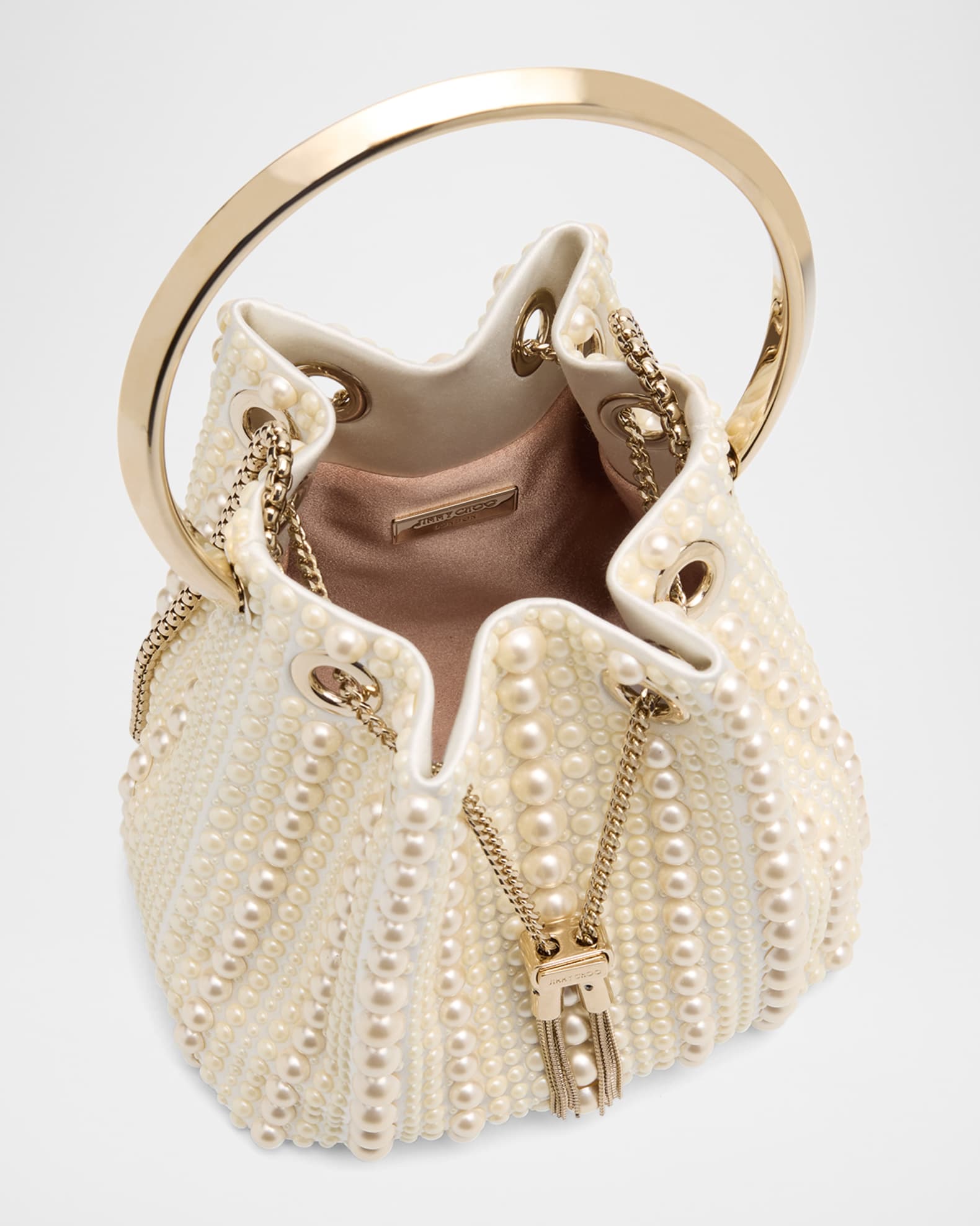Jimmy Choo Bon Bon Pearly Satin Bucket Bag | Neiman Marcus