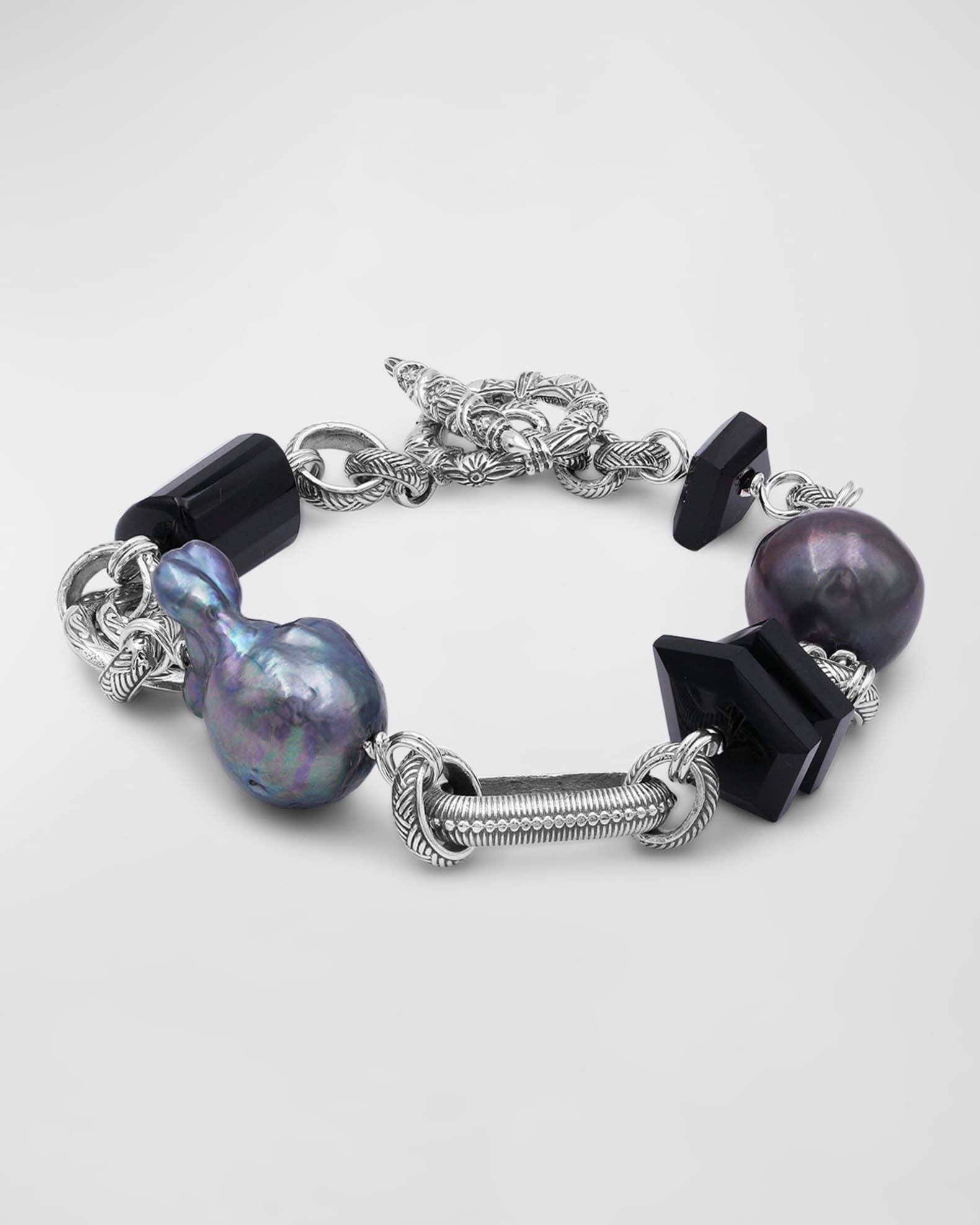 Black Agate and Baroque Pearl Bracelet in Sterling Silver 0