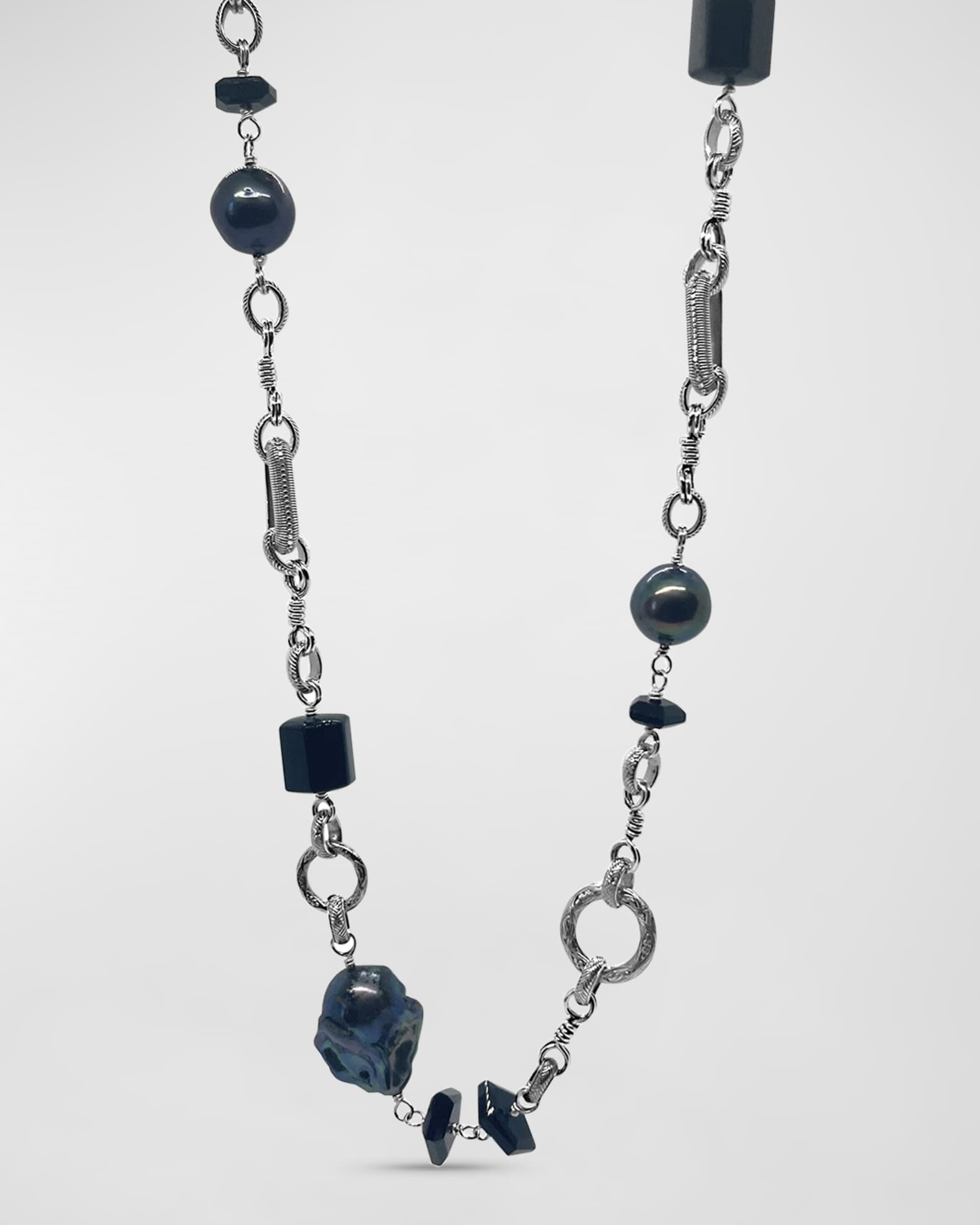 Black Agate and Baroque Pearl Necklace in Sterling Silver 1