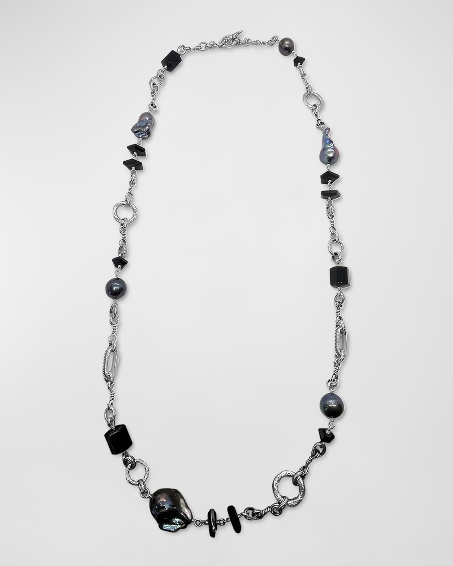 Black Agate and Baroque Pearl Necklace in Sterling Silver 0