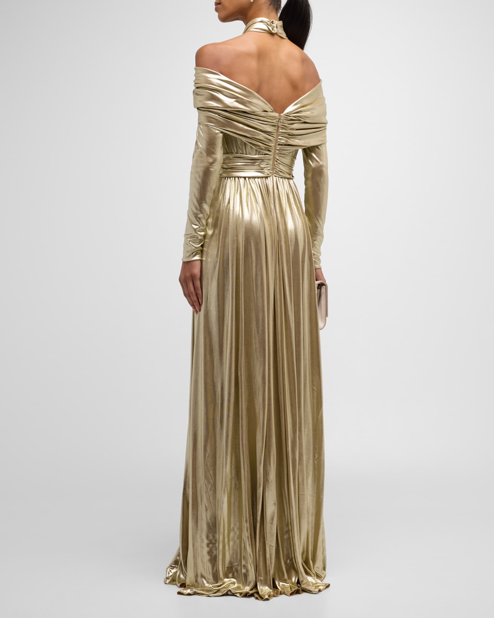 Giambattista Valli Metallic Gathered Halter Off-The-Shoulder Long-Sleeve Gown | Neiman Marcus