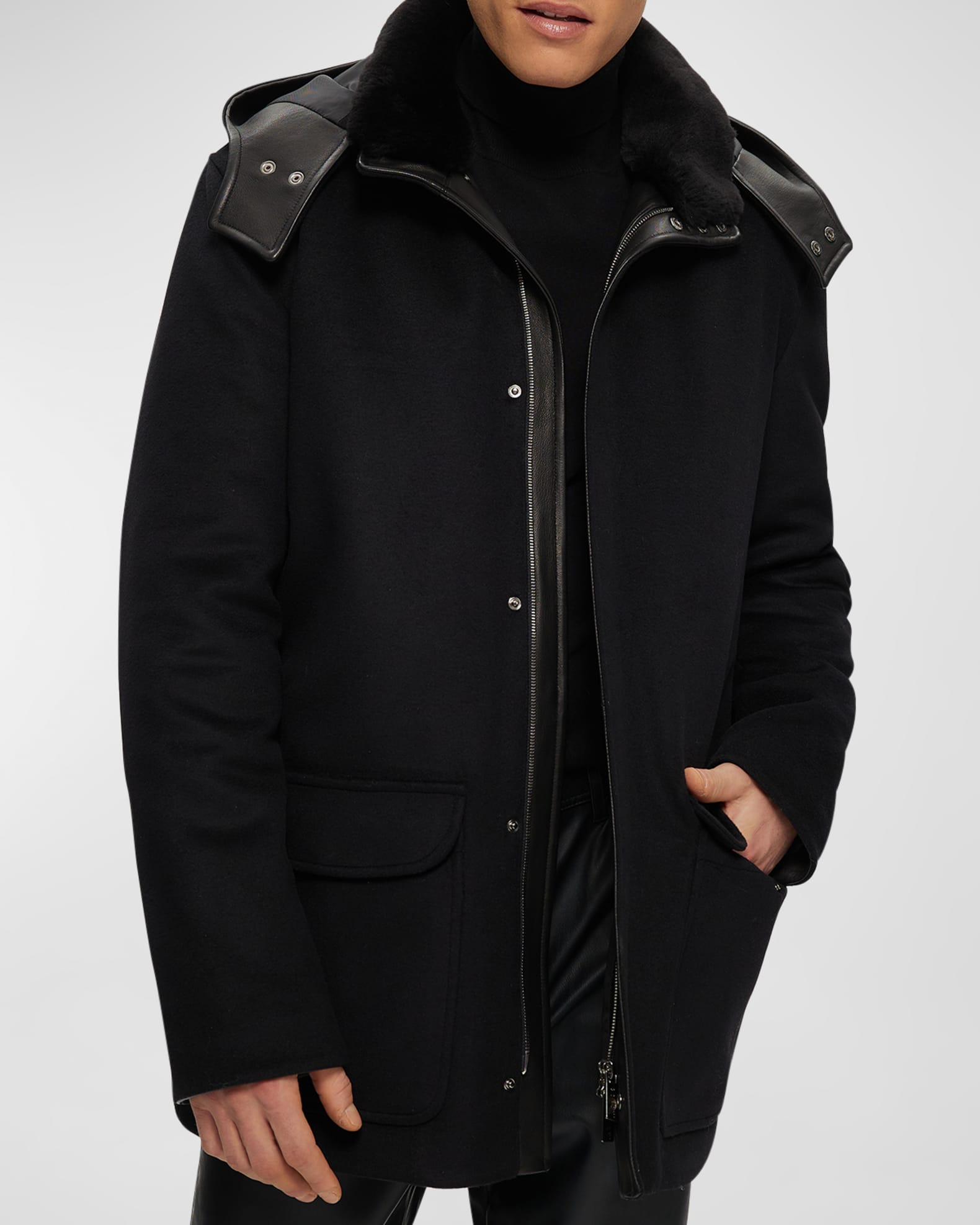 Gorski Men's Lamb Shearling Collar Brushed Wool Parka Jacket With