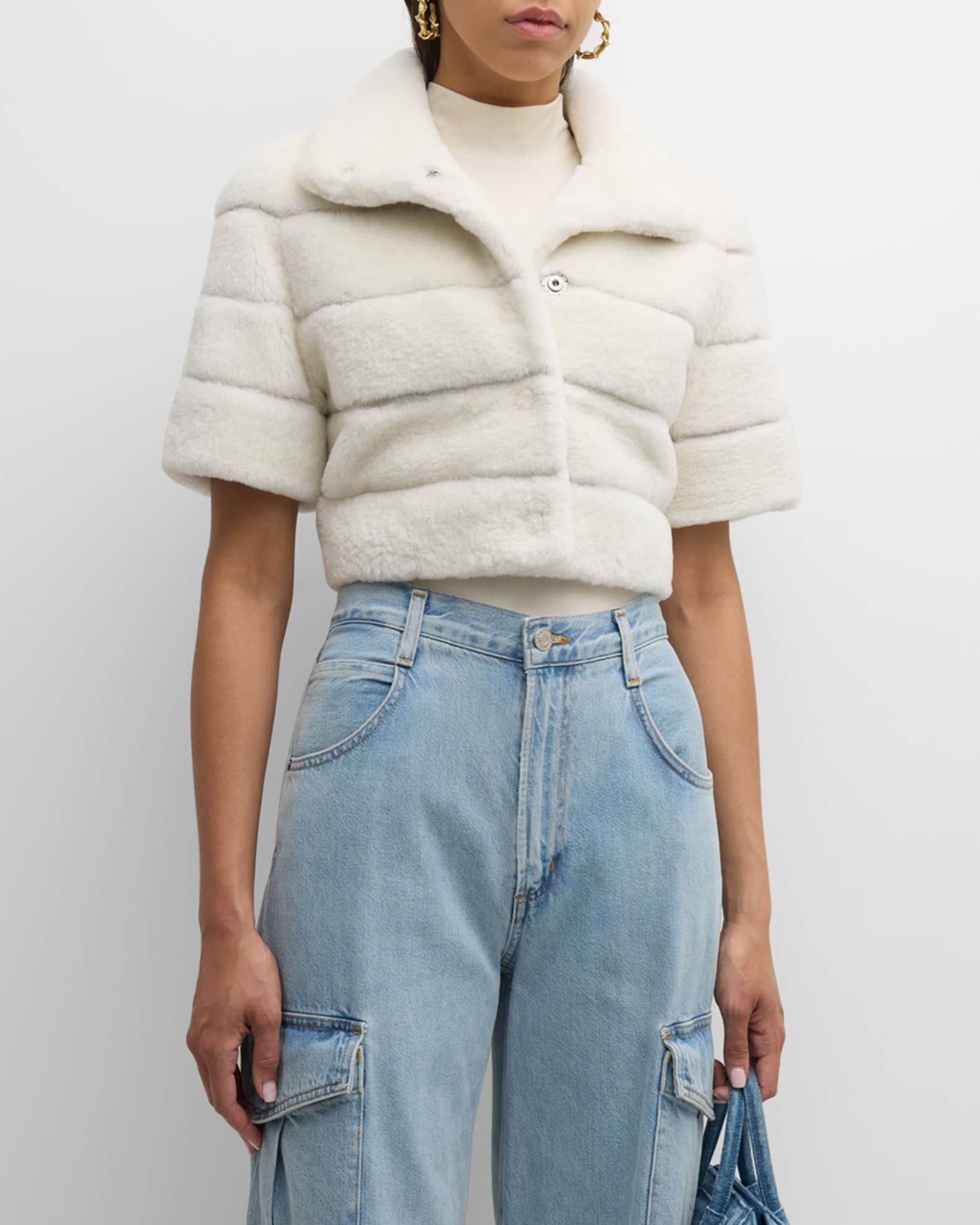 Horizontal Lamb Shearling Short-Sleeve Bolero Jacket 1