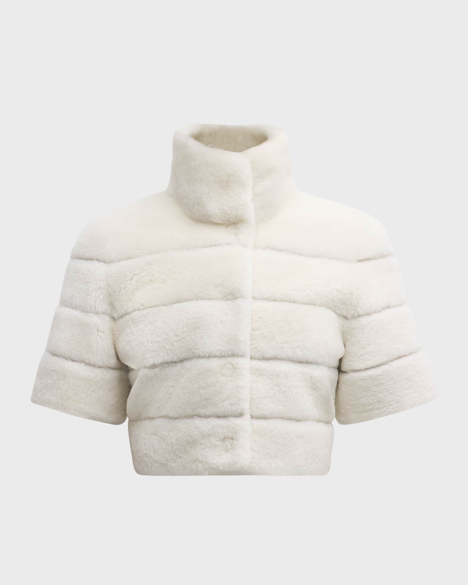 Horizontal Lamb Shearling Short-Sleeve Bolero Jacket 0