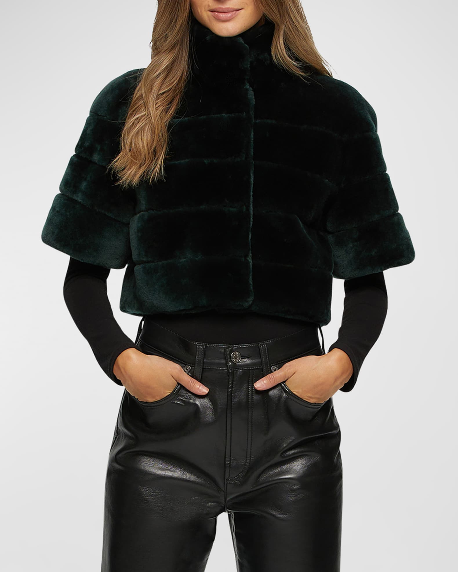 Horizontal Lamb Shearling Short-Sleeve Bolero Jacket 1