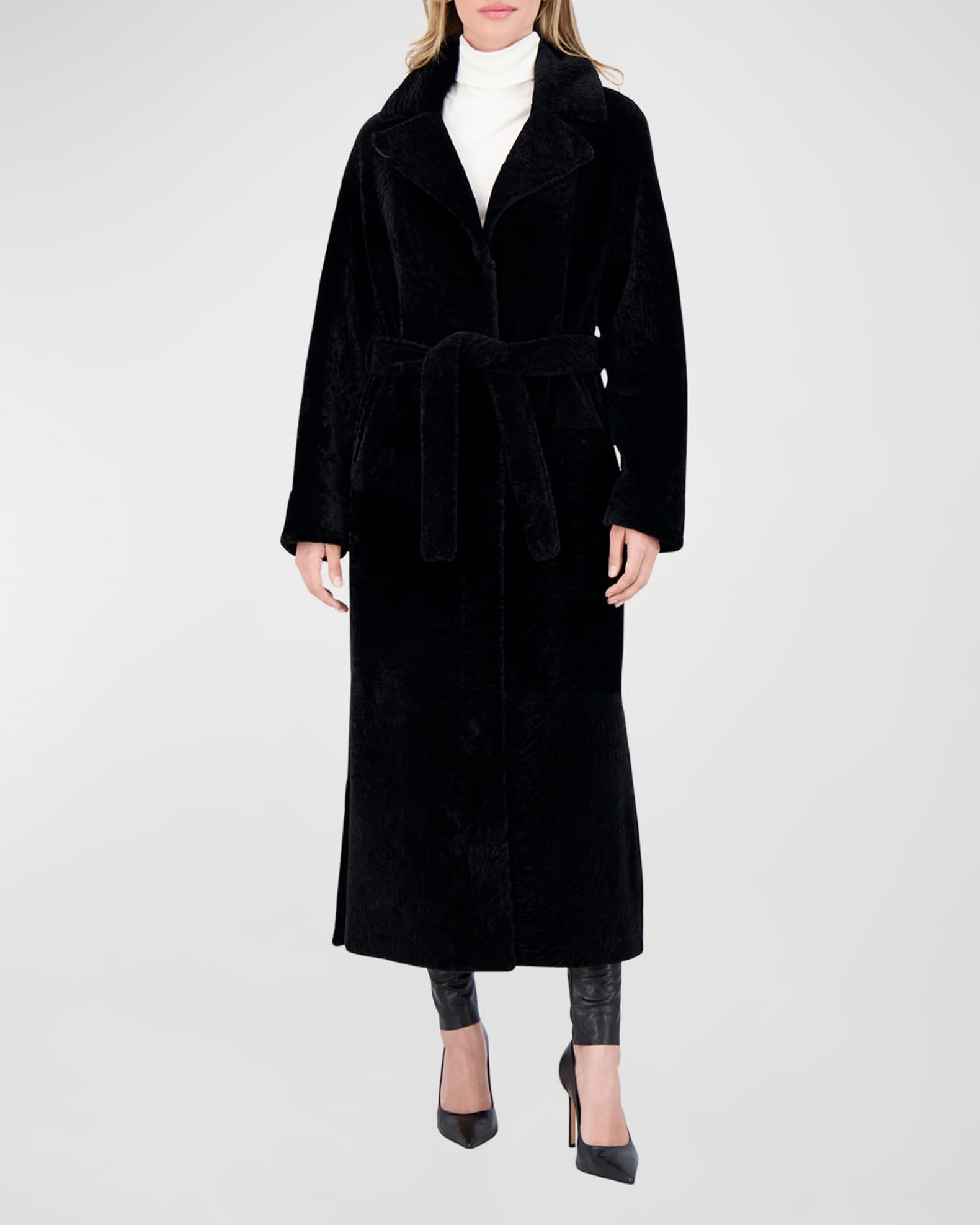 Reversible Shearling Lamb Belted Long Coat With Side Slits 1