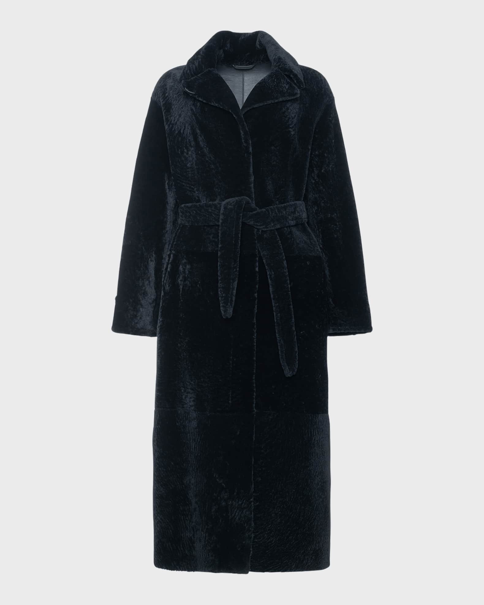 Reversible Shearling Lamb Belted Long Coat With Side Slits 0
