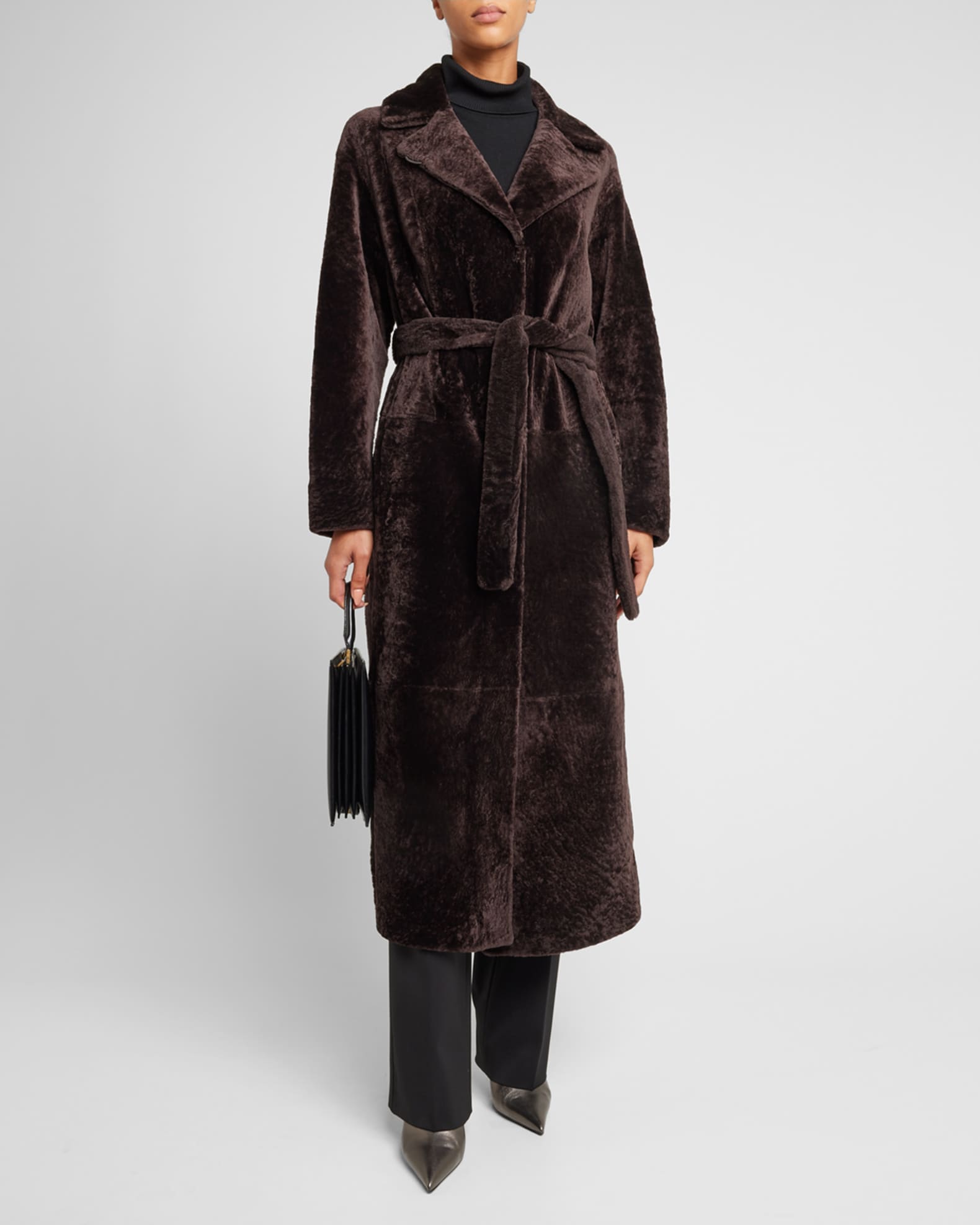 Reversible Shearling Lamb Belted Long Coat With Side Slits 1