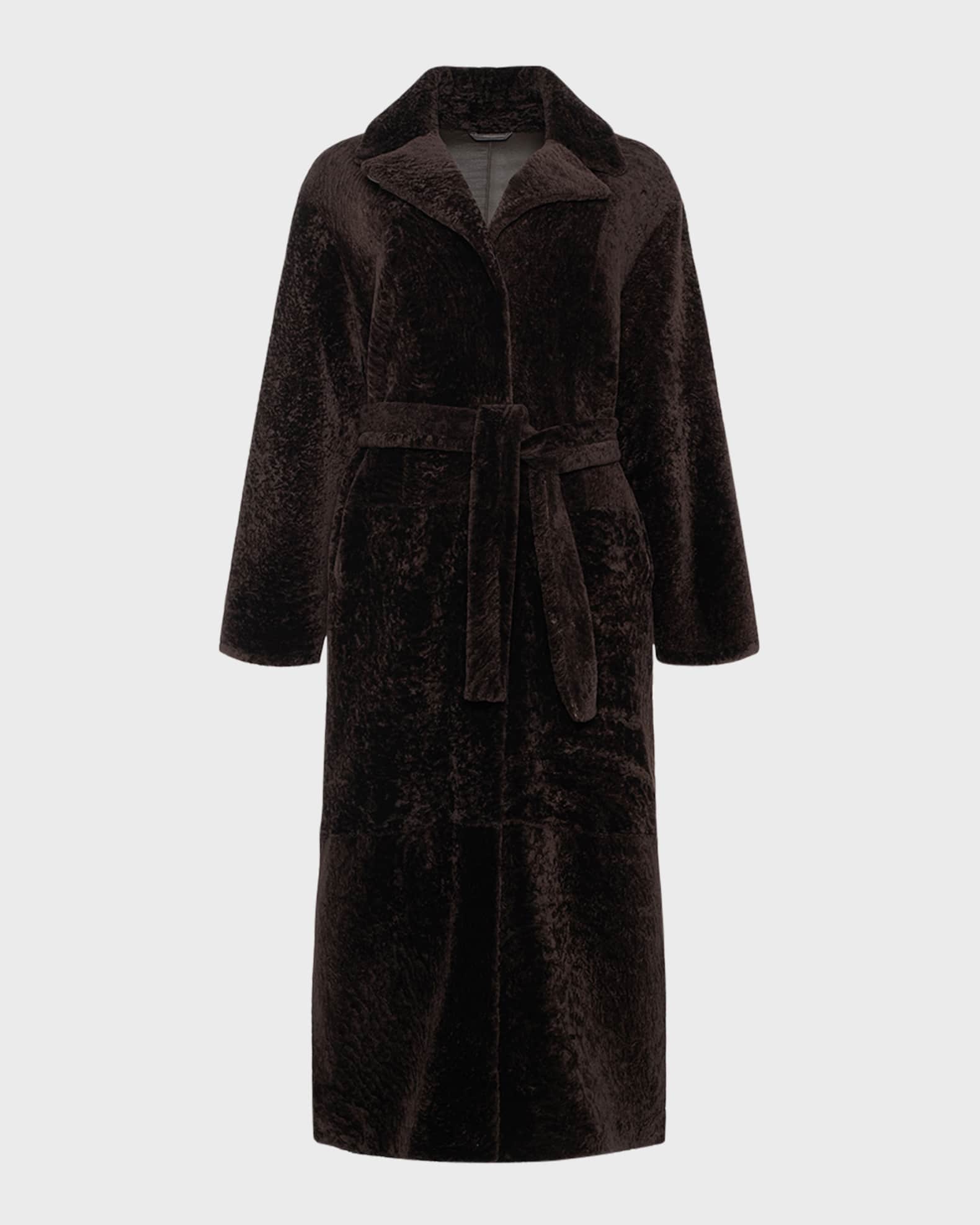 Reversible Shearling Lamb Belted Long Coat With Side Slits 0