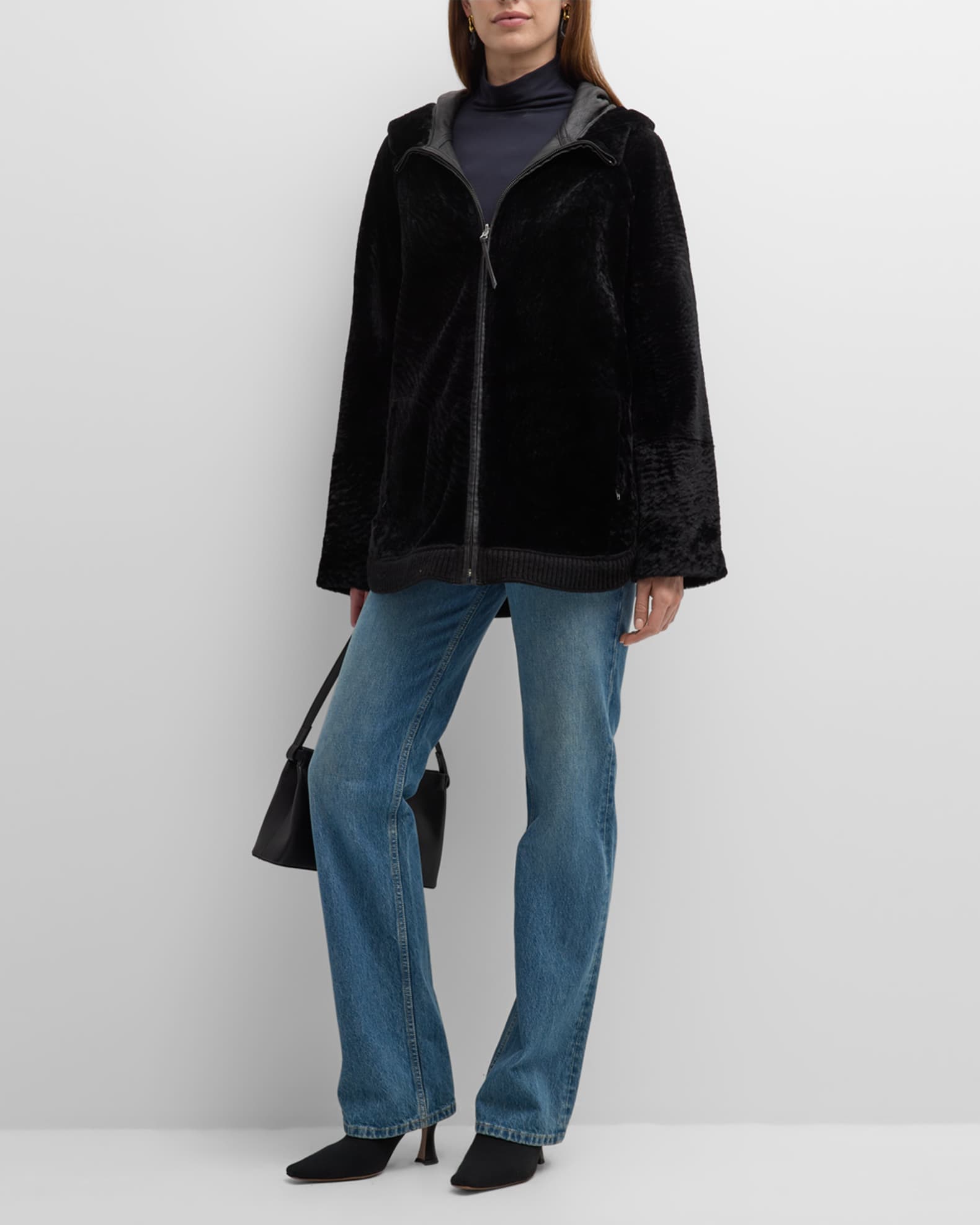 Reversible Shearling Lamb Zip Parka Jacket With Side Slits 1