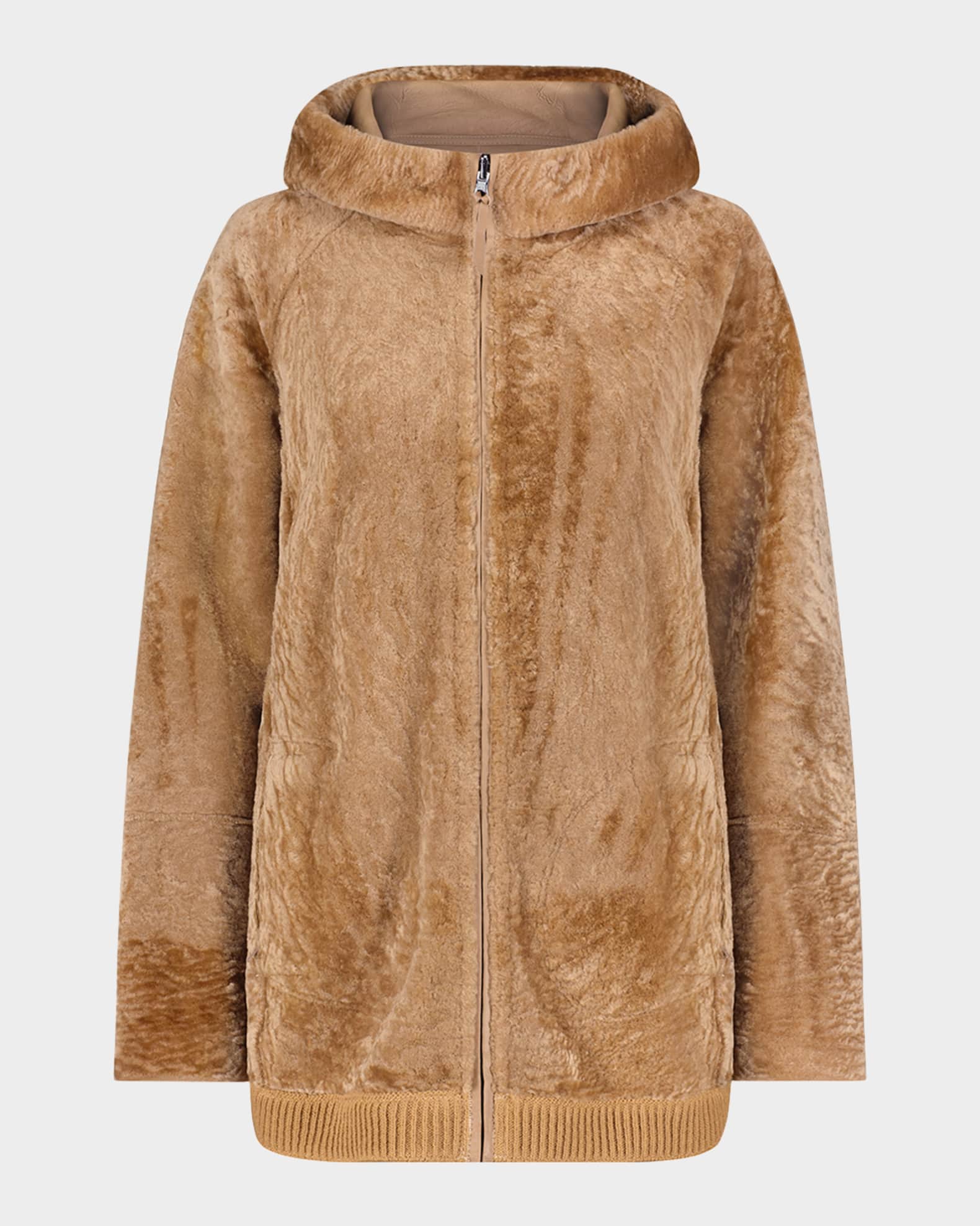 Reversible Shearling Lamb Zip Parka Jacket With Side Slits 0