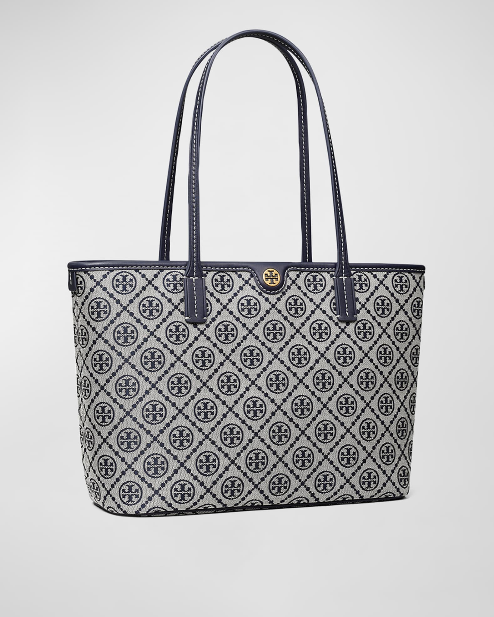Tory Burch Navy Blue/Beige Coated Canvas T Monogram Tote Tory