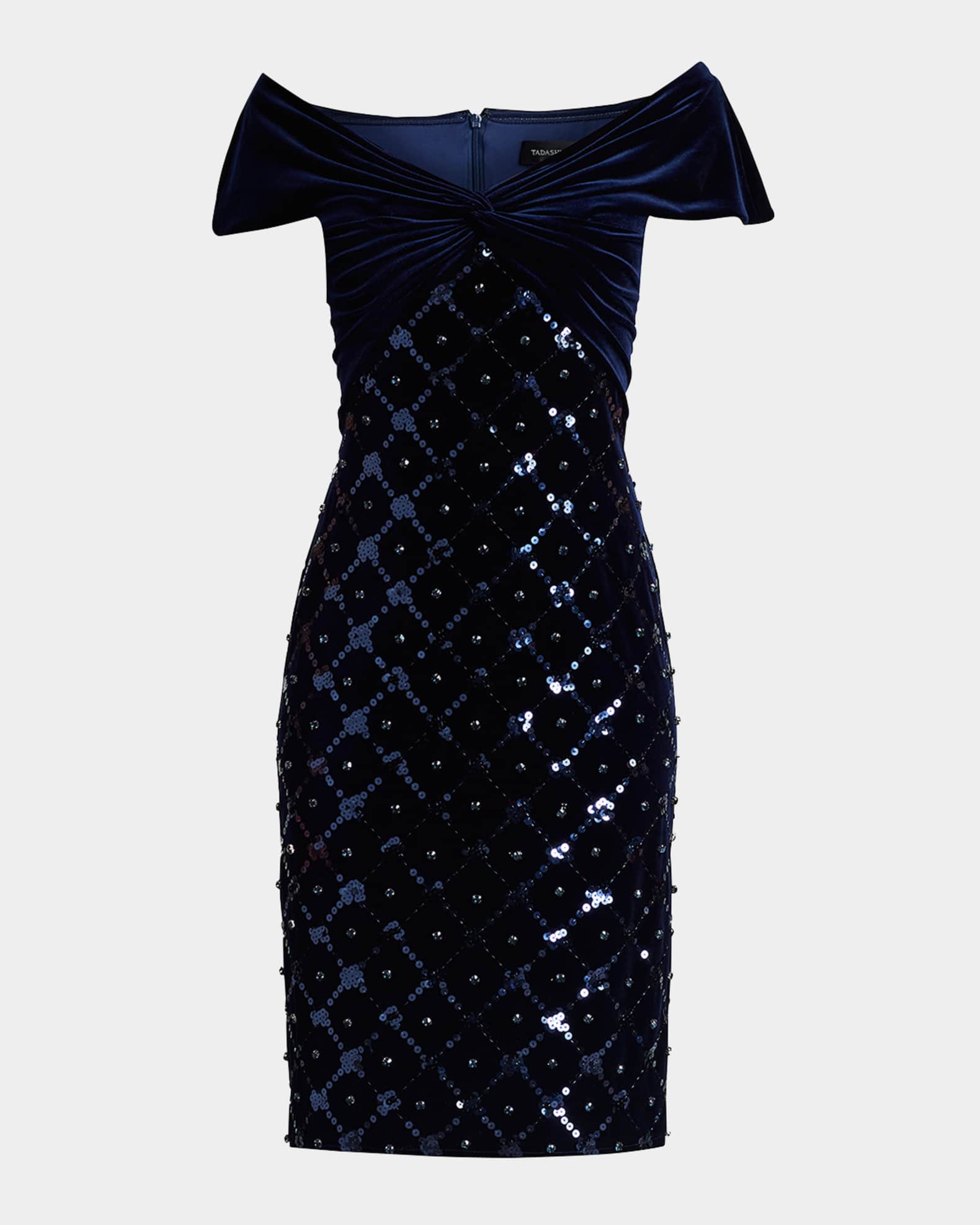 Tadashi Shoji Off-Shoulder Sequin Velvet Midi Dress | Neiman Marcus