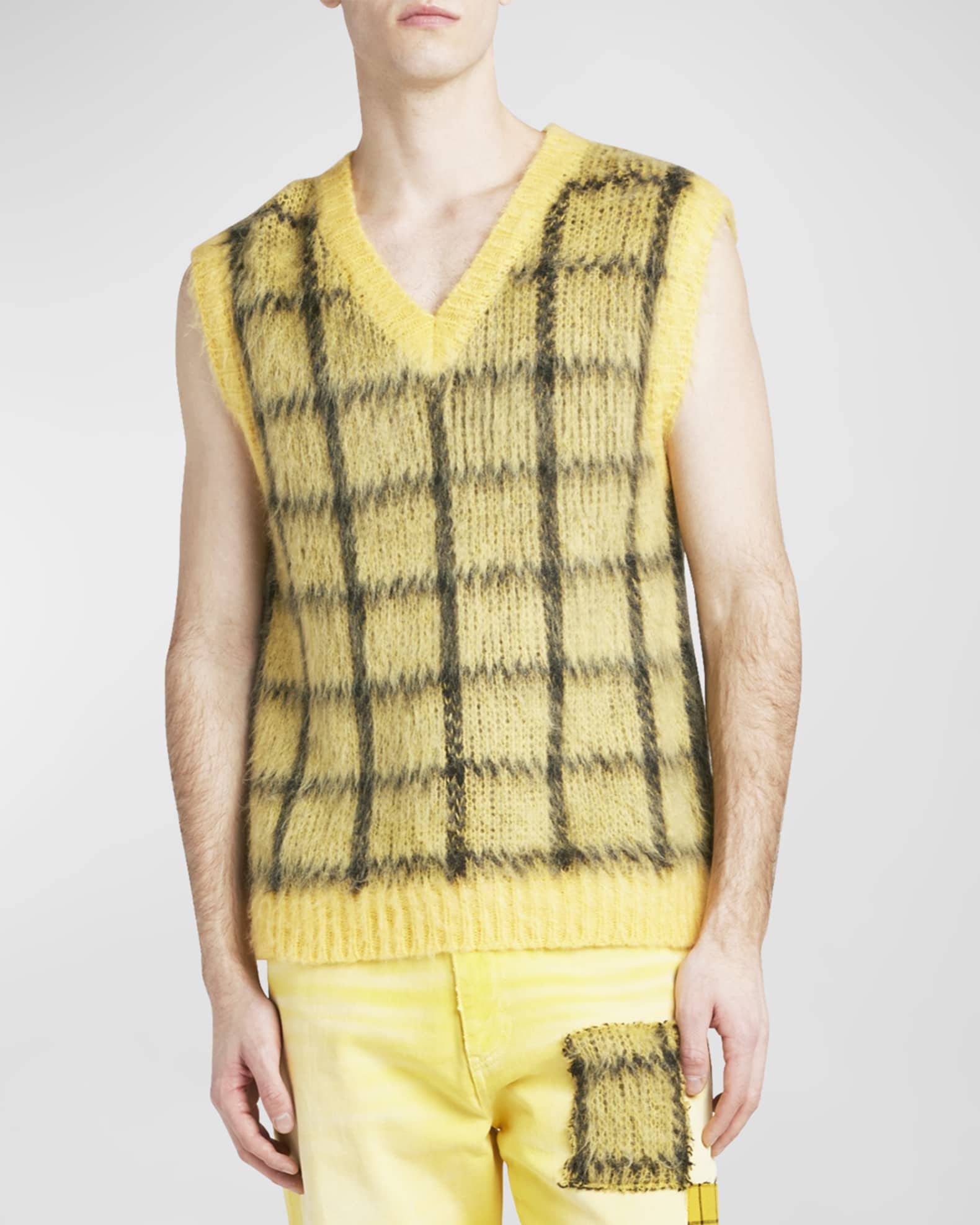 Marni Men's Shaggy Windowpane V-Neck Vest | Neiman Marcus