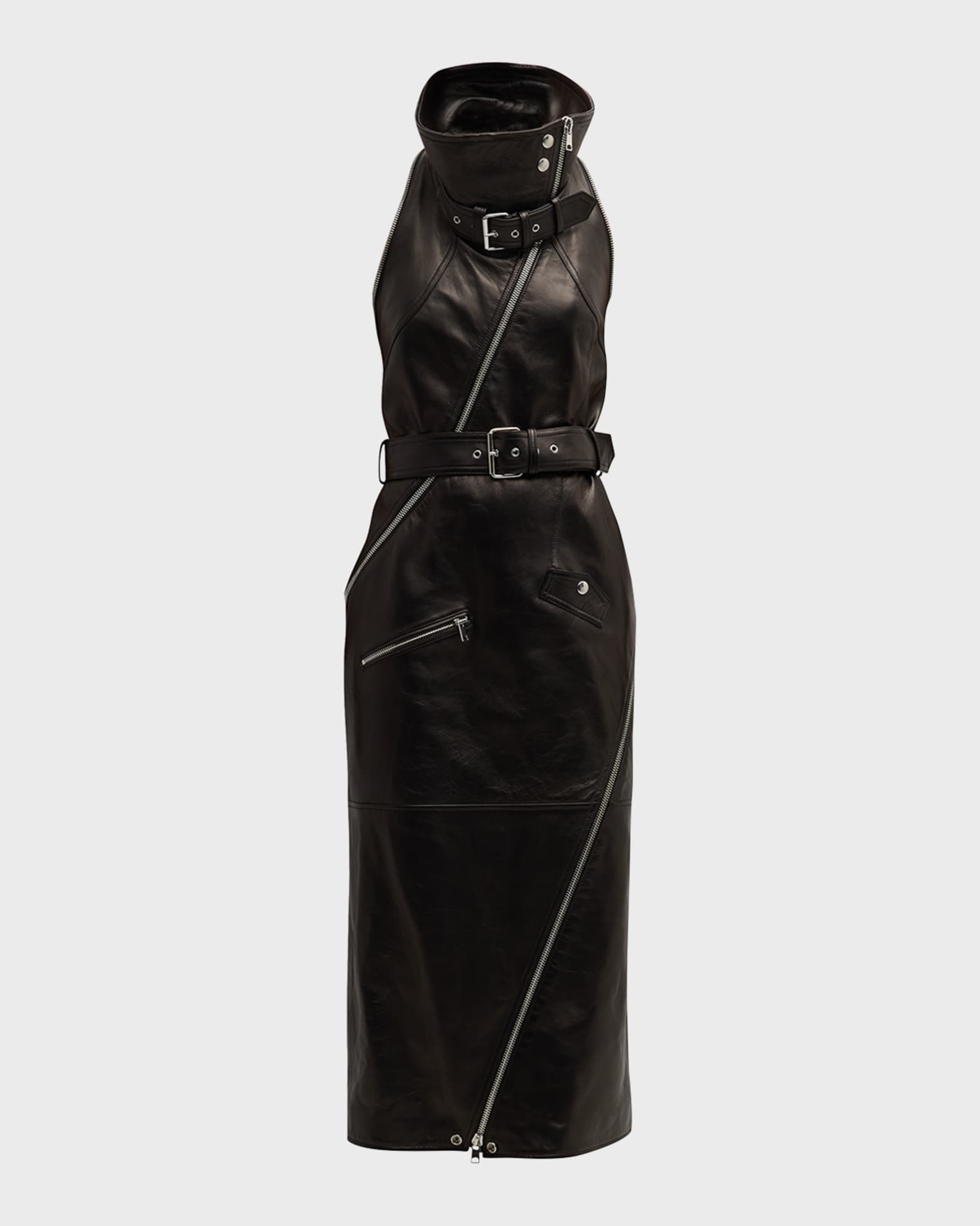 Alexander McQueen Slashed-Zip Belted Leather Midi Biker Dress | Neiman ...