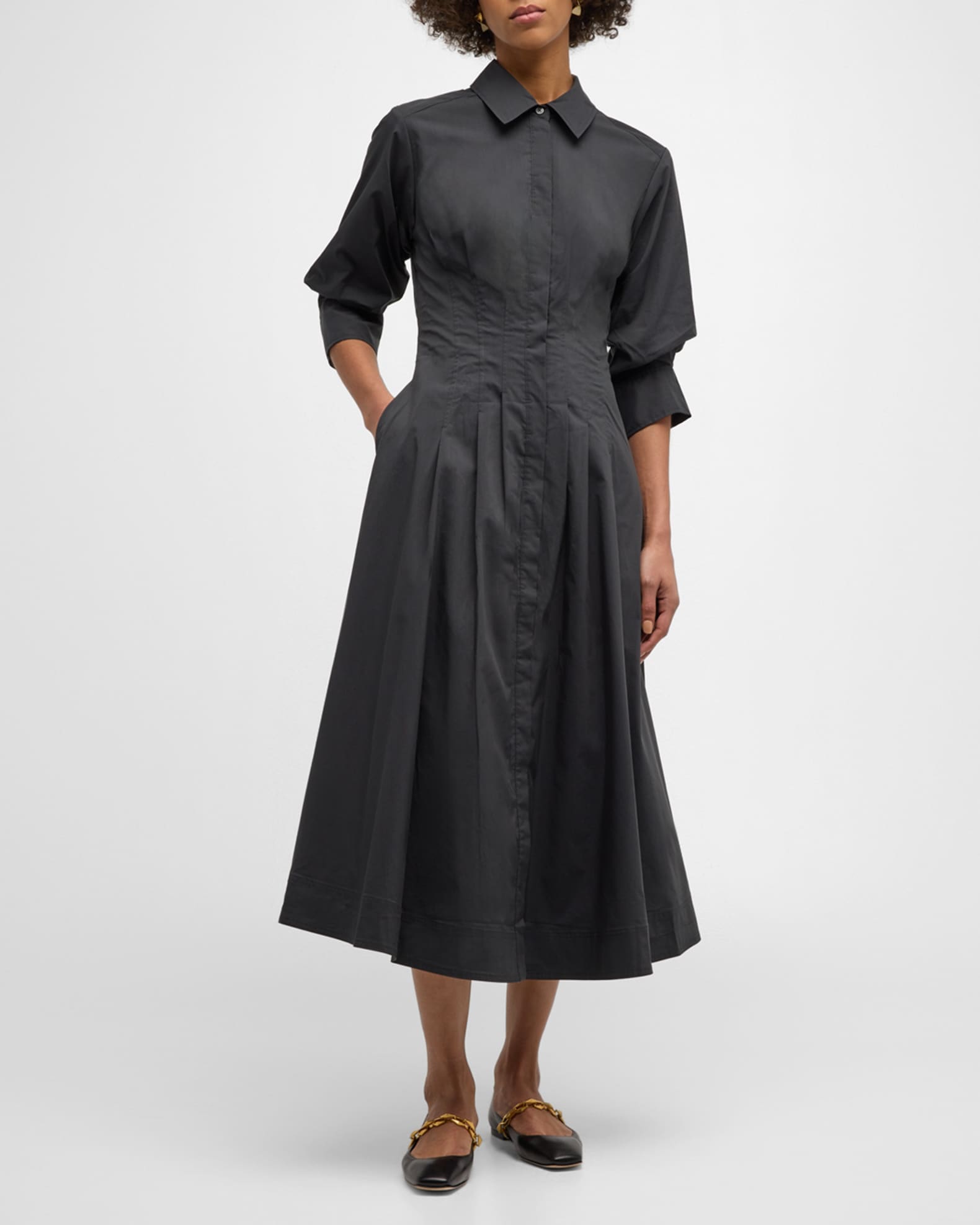 SIMKHAI Jazz Core Cotton Poplin Pintuck Midi Dress | Neiman