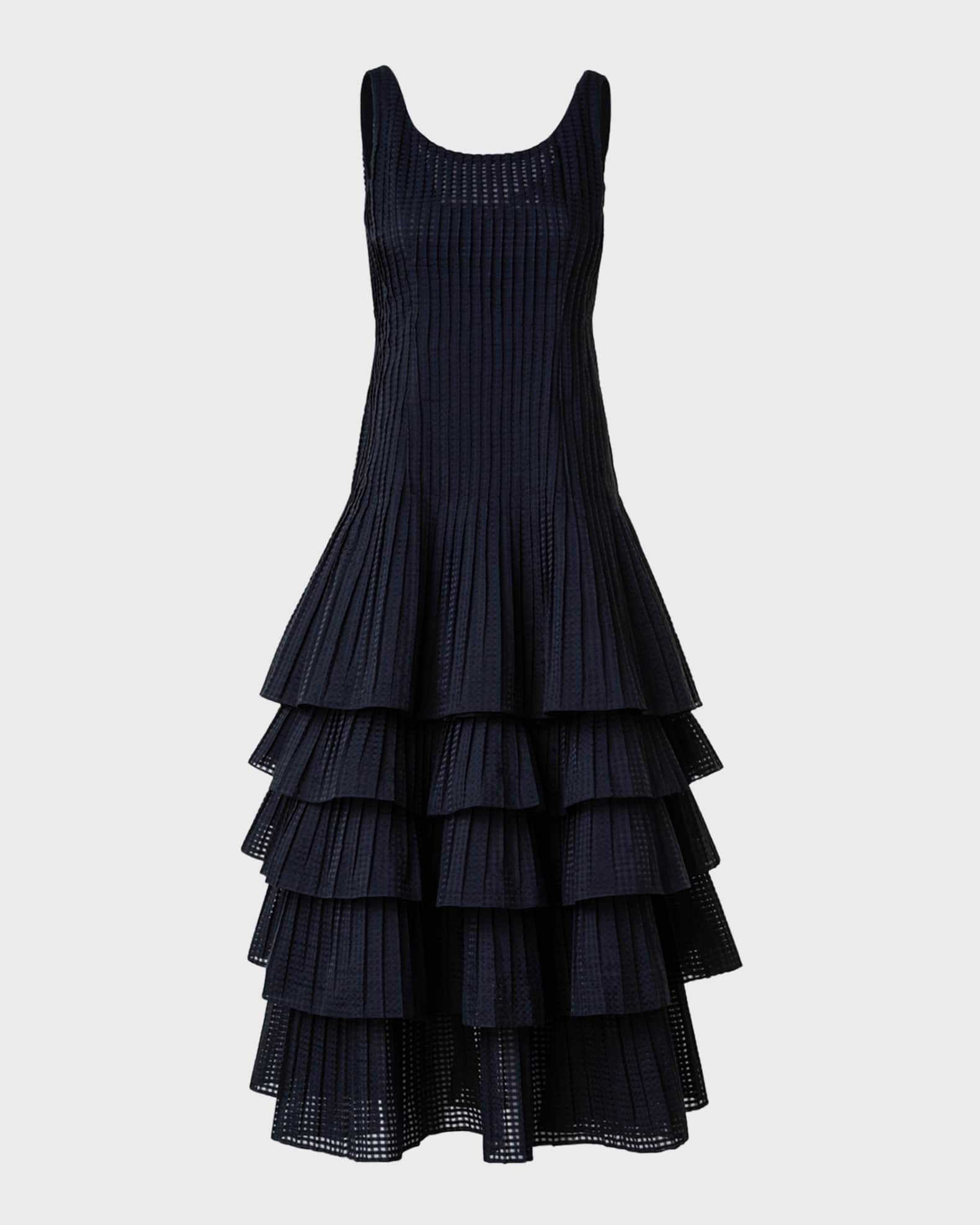 Akris Organza Grid Midi Dress with Plisse Layer Skirt