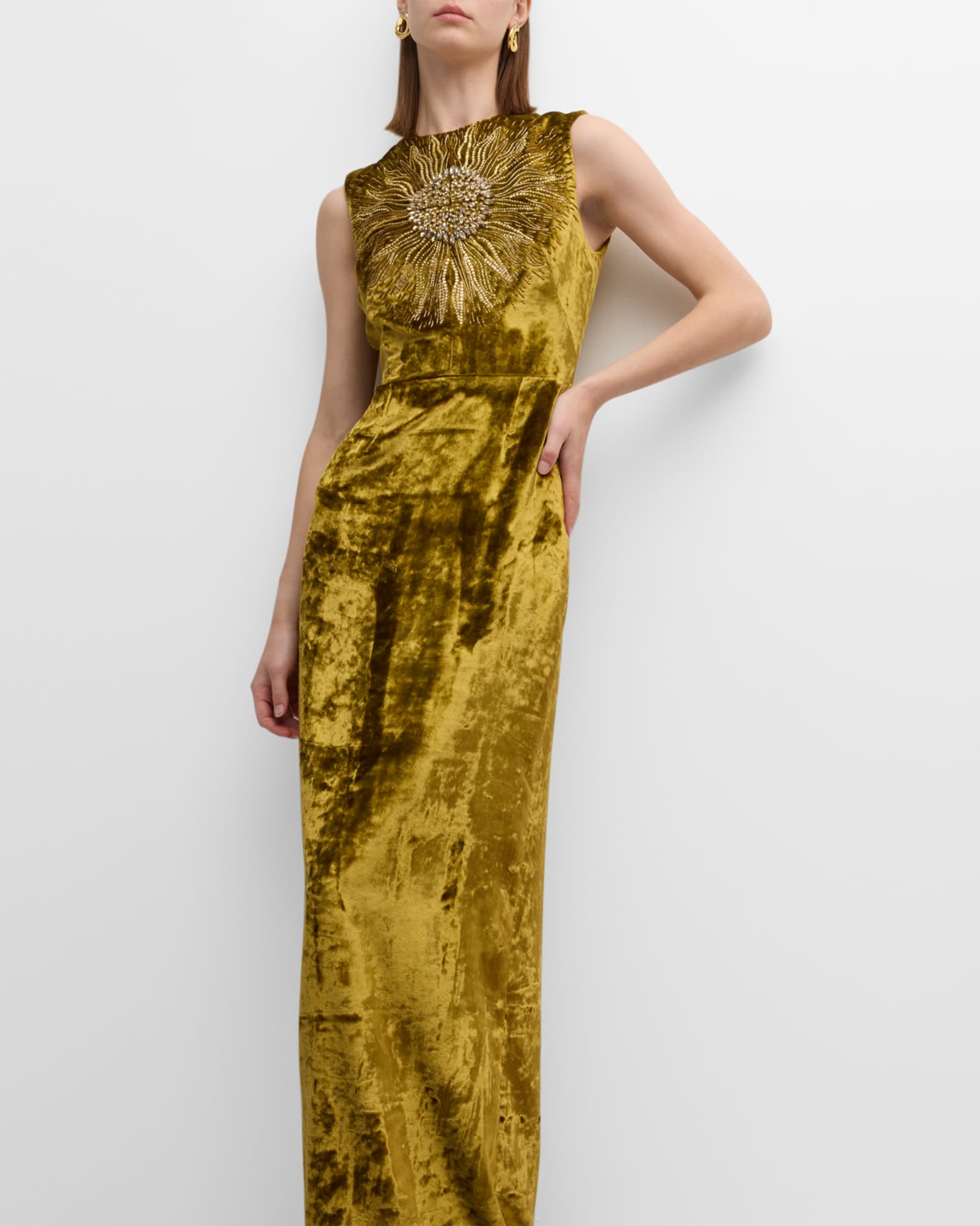 Lela Rose Embroidered Sleeveless Crushed Velvet Gown | Neiman Marcus