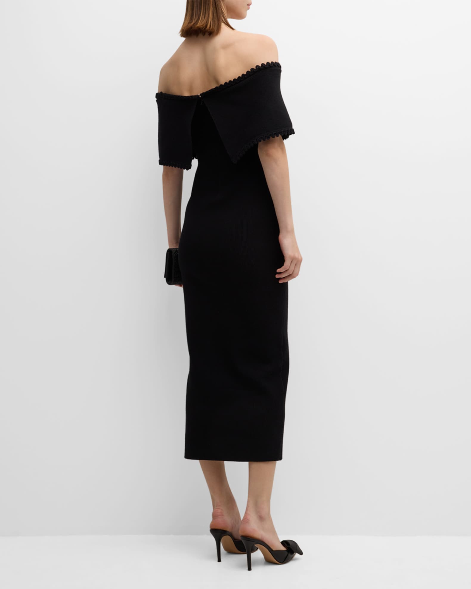 Lela Rose Off-Shoulder Midi Dress with Scalloped Trim | Neiman Marcus