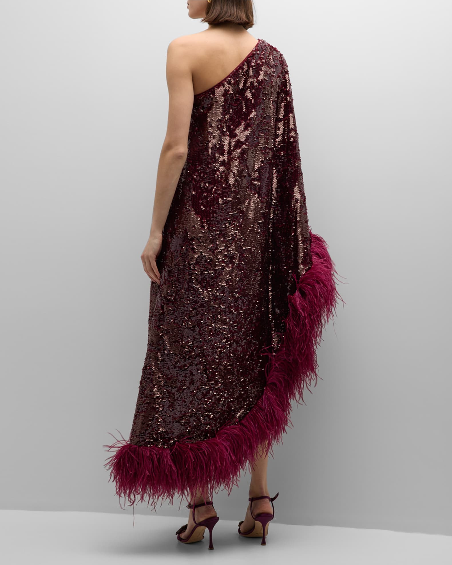 Roland Mouret Feather-Trim Sequin One-Shoulder Midi Dress | Neiman Marcus