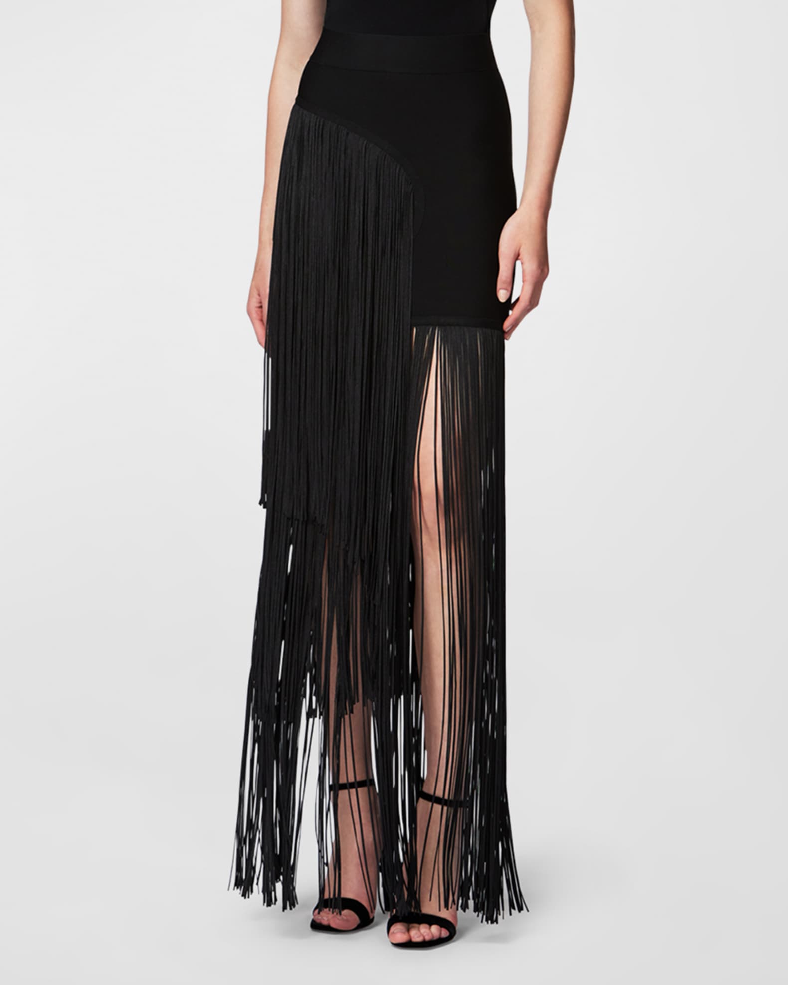 Herve Leger Asymmetric Tiered Fringe Maxi Skirt | Neiman Marcus