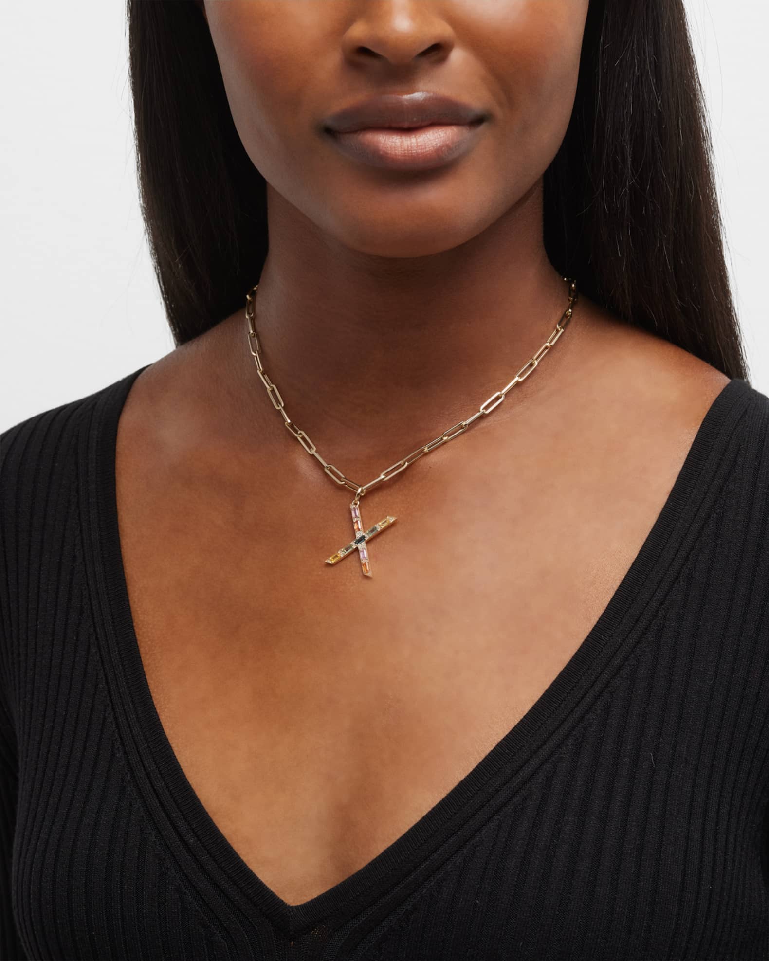 14K Yellow Gold Initial X Multi-Color Sapphire and Diamond Pendant 1