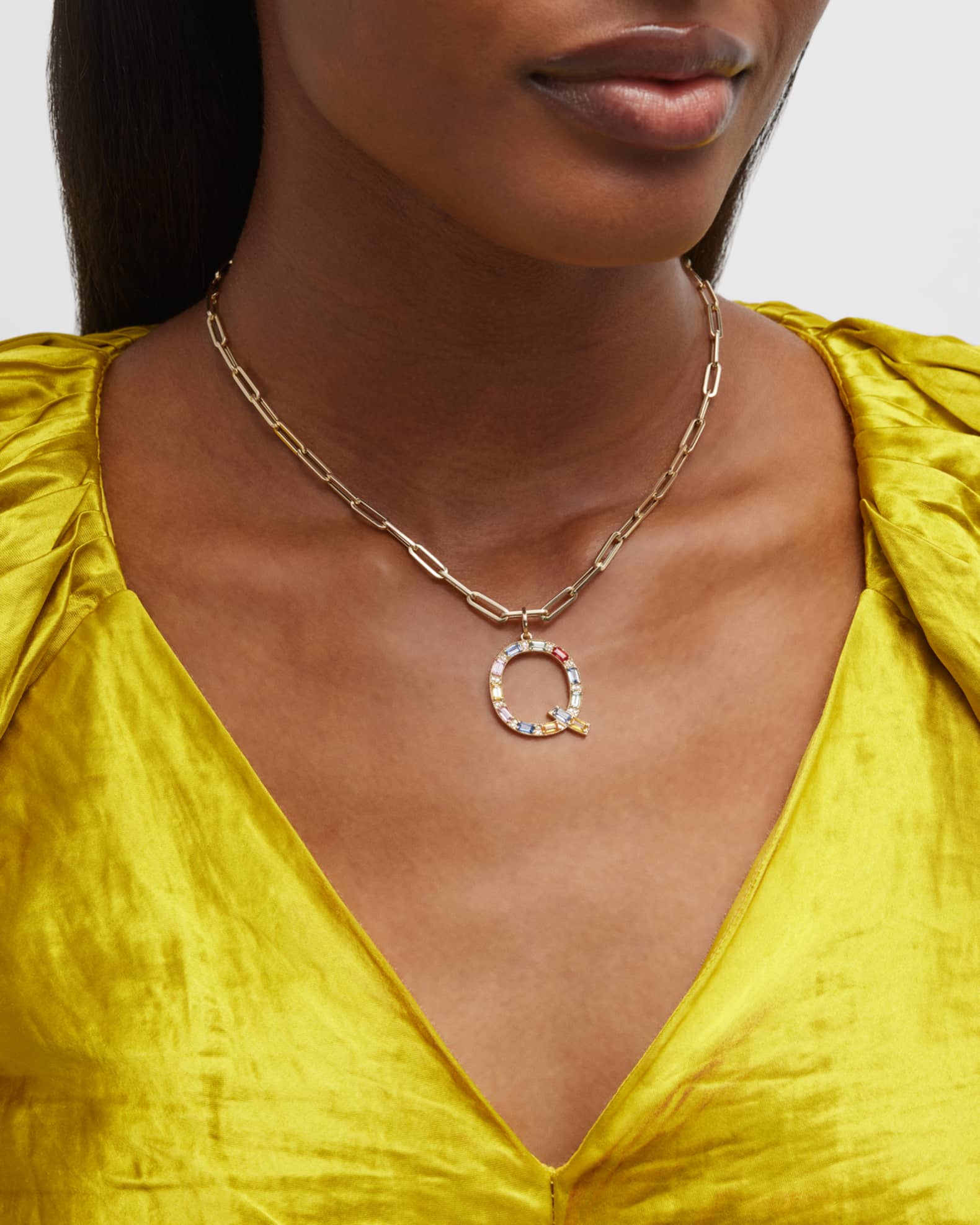 14K Yellow Gold Initial Q Multi-Color Sapphire and Diamond Pendant 1