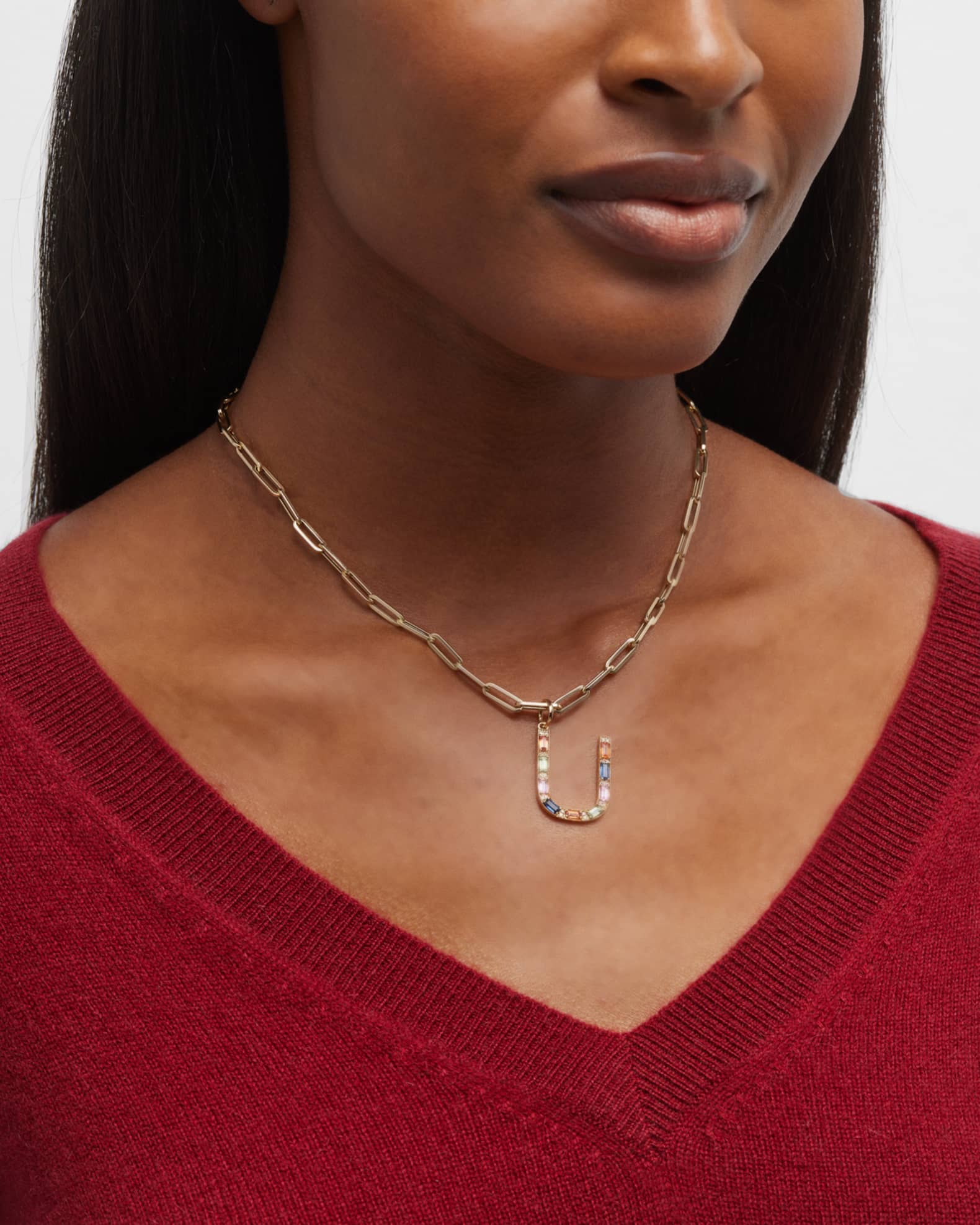 14K Yellow Gold Initial U Multi-Color Sapphire and Diamond Pendant 1