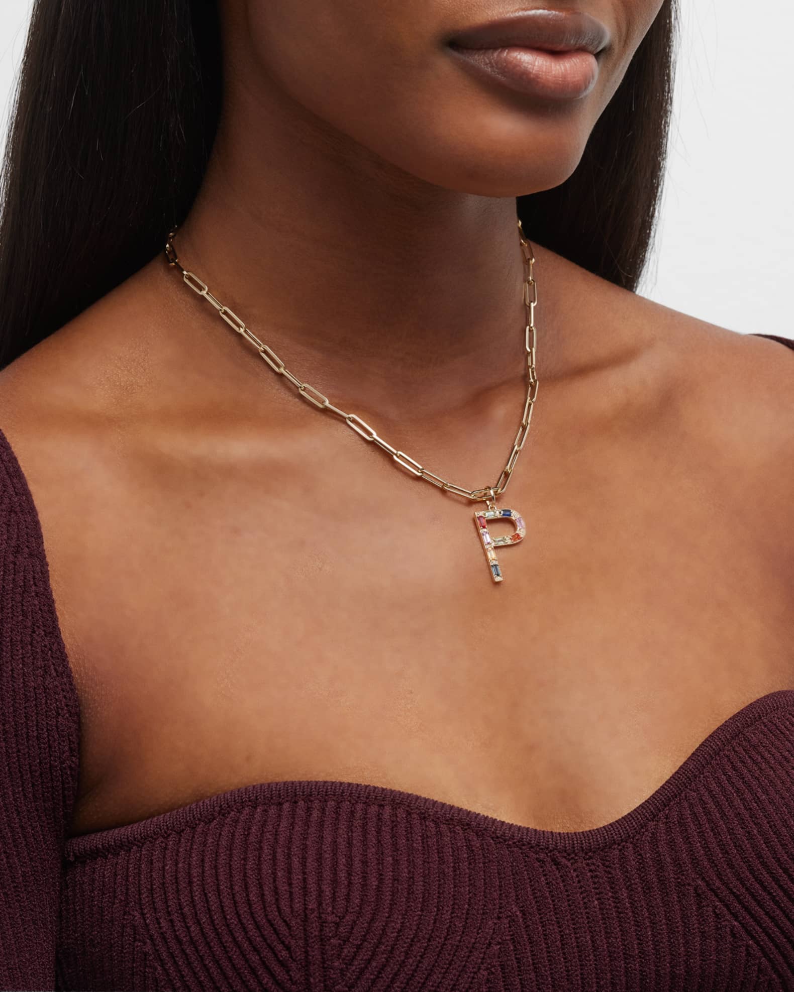 14K Yellow Gold Initial P Multi-Color Sapphire and Diamond Pendant 1