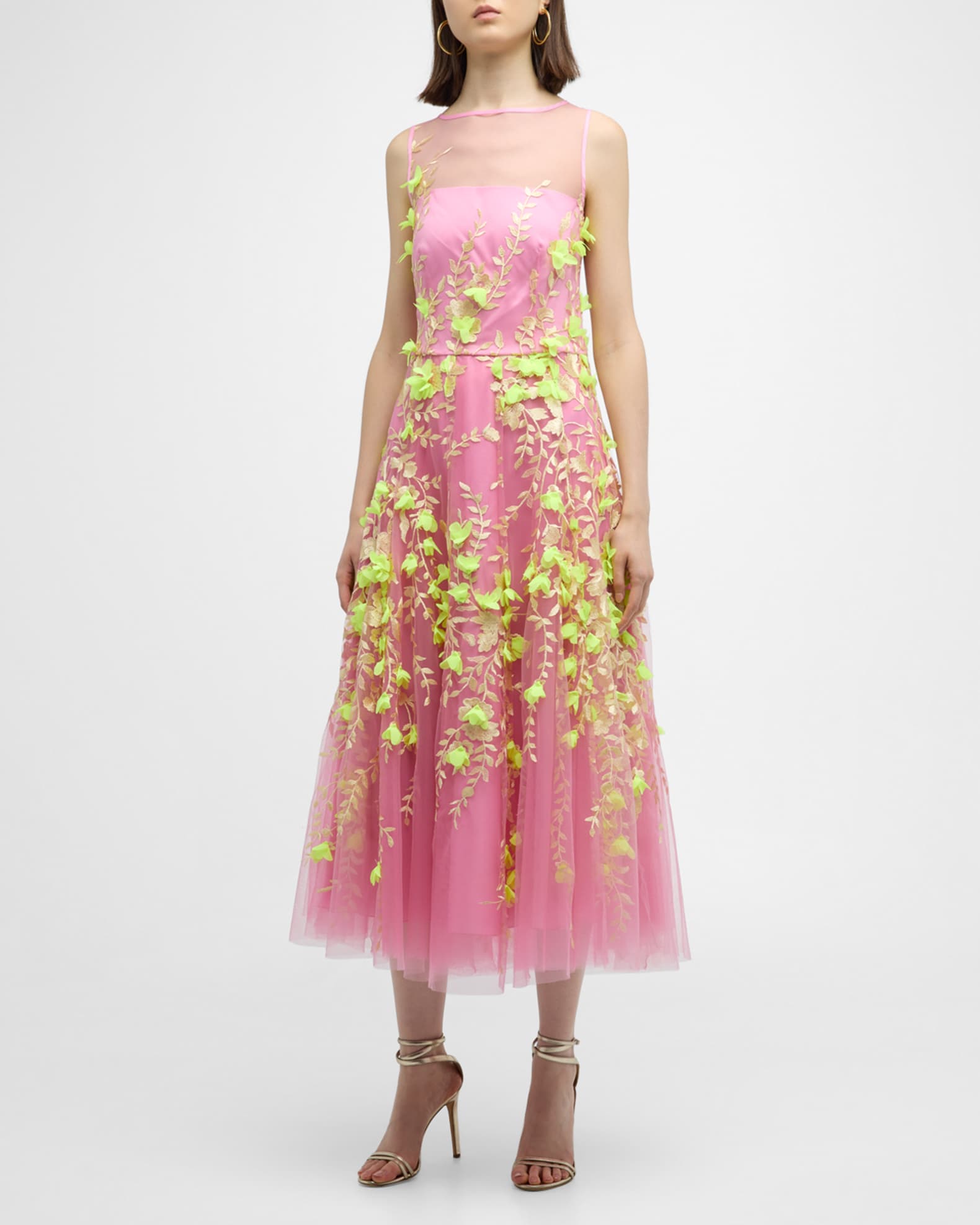 Maison Common Sleevelesss Tulle Floral Embroidered Midi Dress | Neiman ...