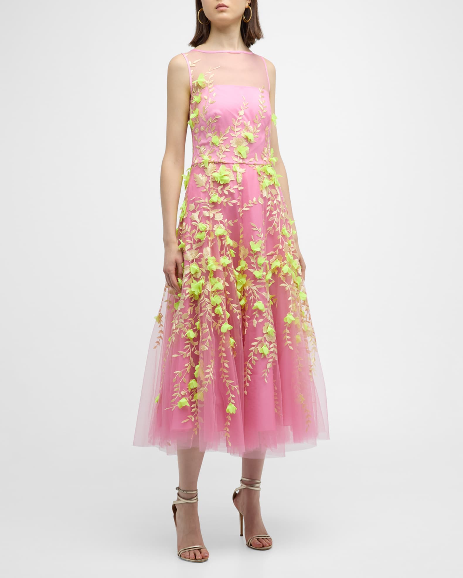 Maison Common Sleevelesss Tulle Floral Embroidered Midi Dress | Neiman ...