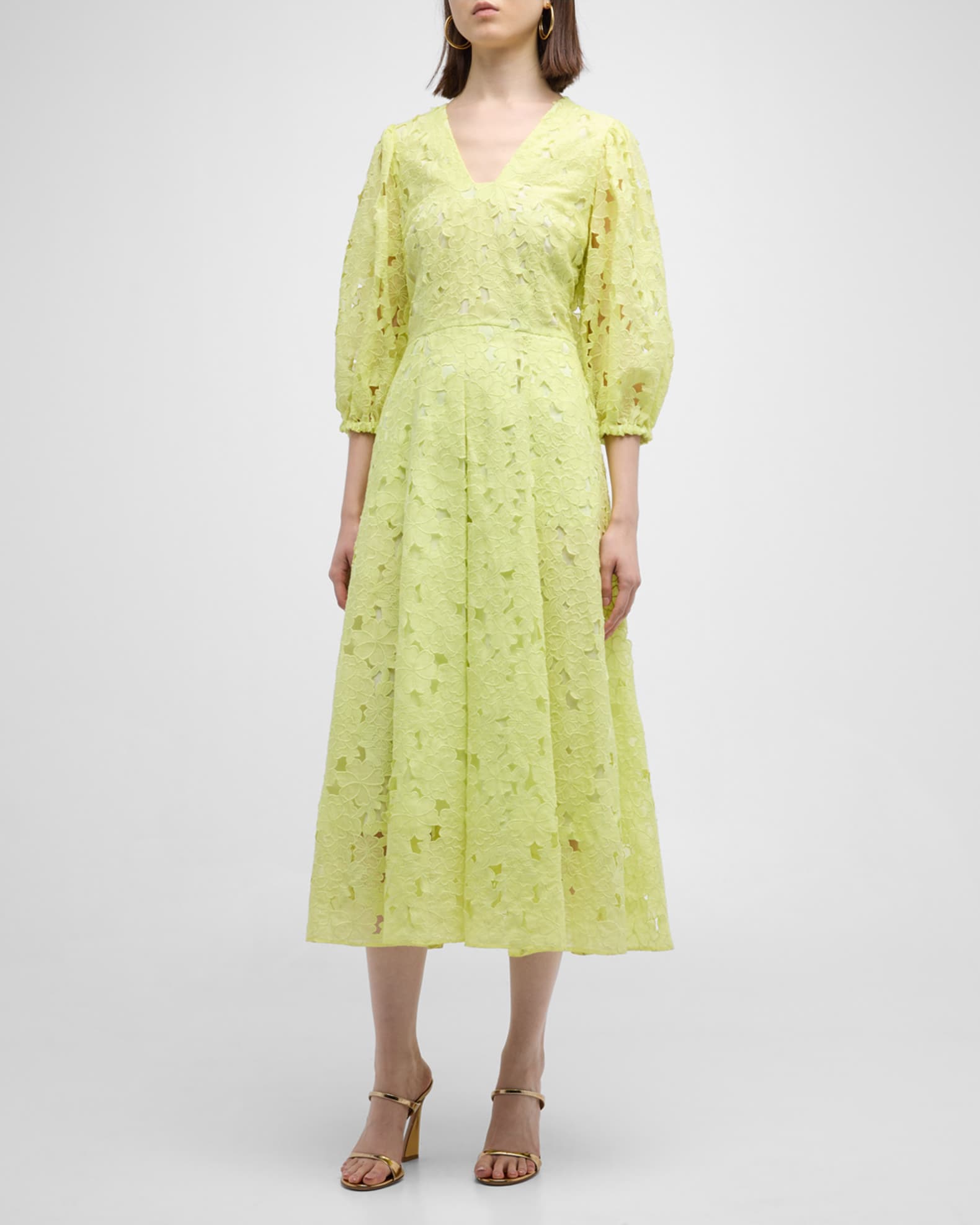 Maison Common Floral Lace 3/4-Sleeve Midi Dress | Neiman Marcus
