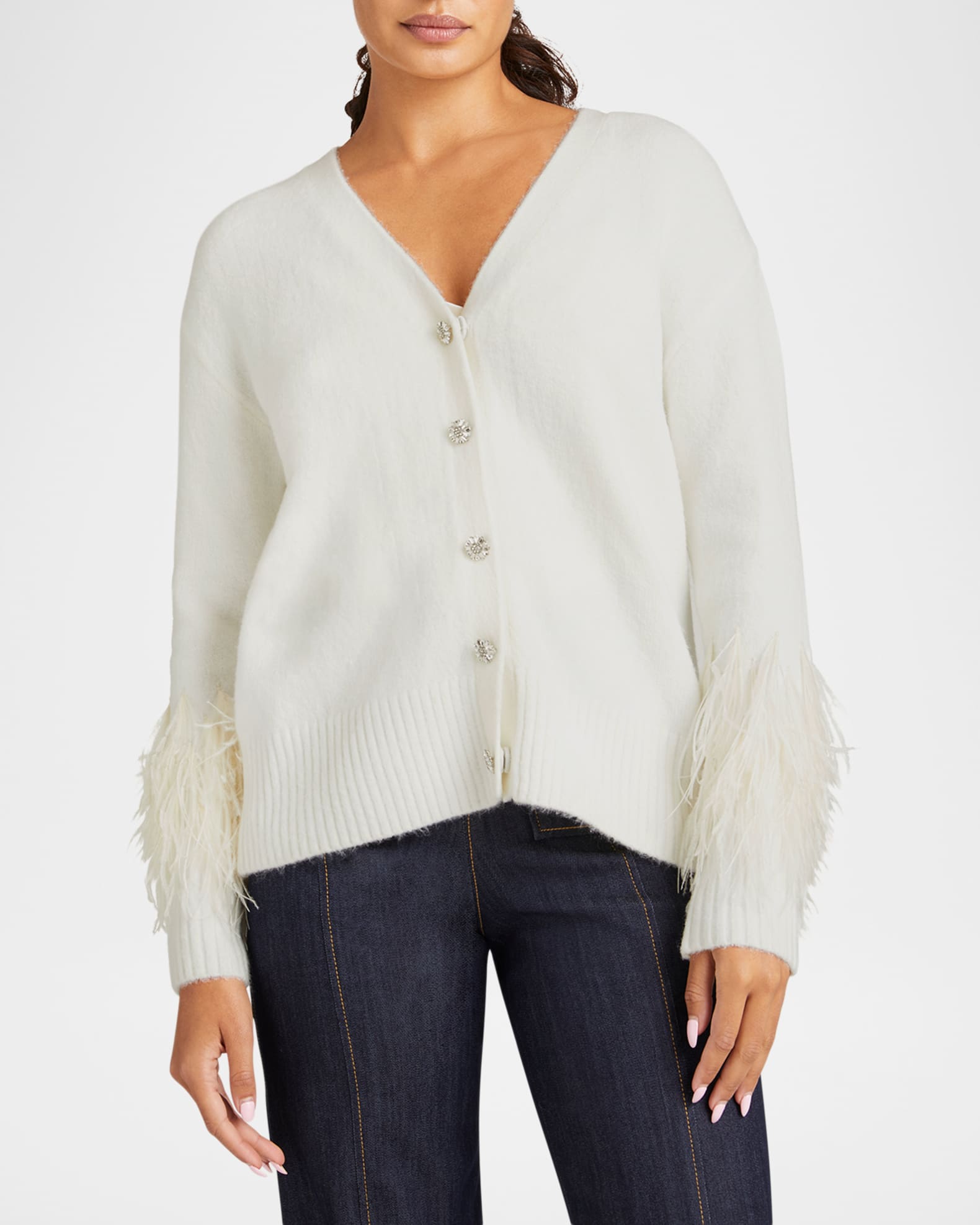 Cinq a Sept Briana Feather-Cuff Knit Cardigan | Neiman Marcus