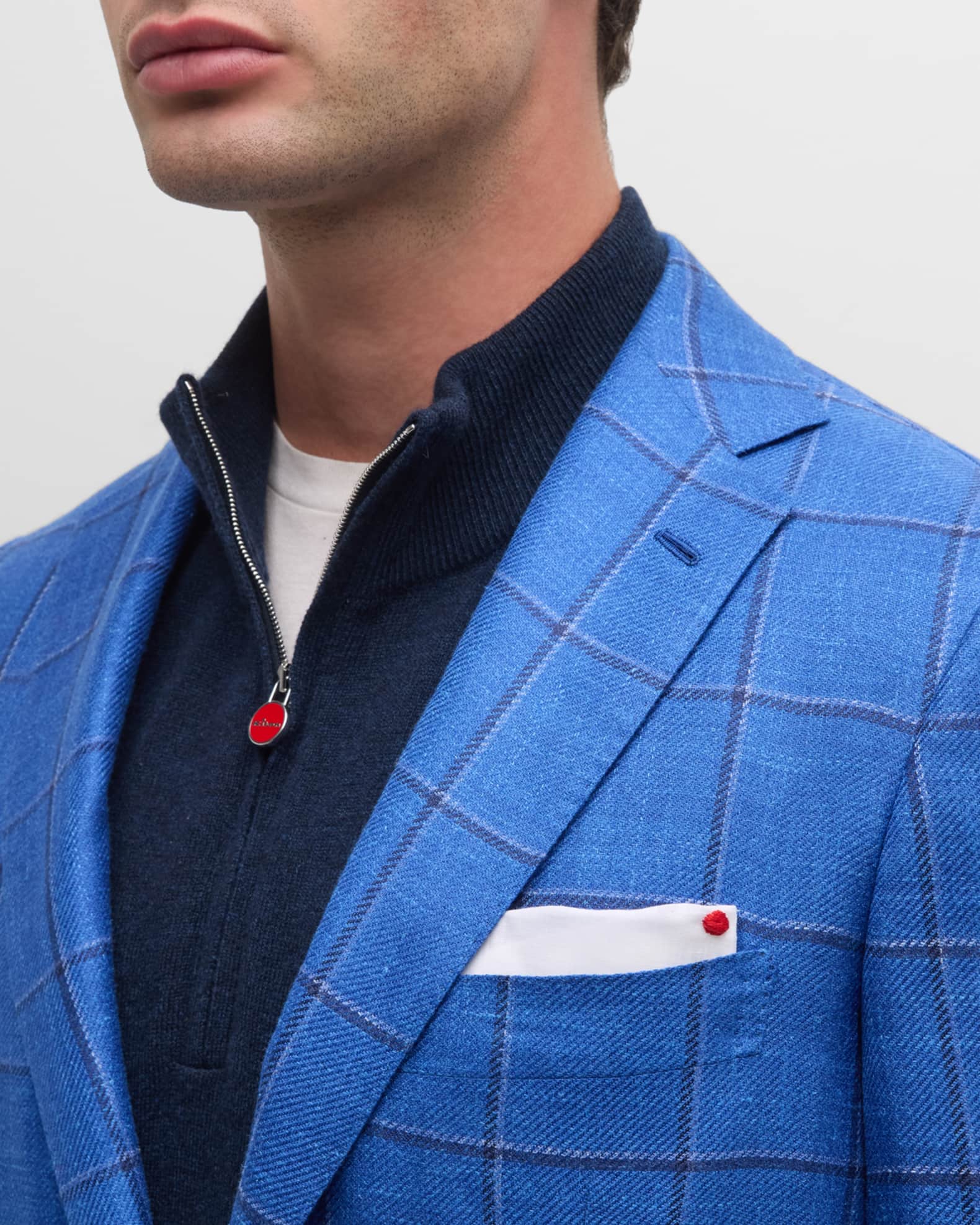 KITON Size 40 Grey Blue Window Pane Cashmere Notch Lapel Sport Coat