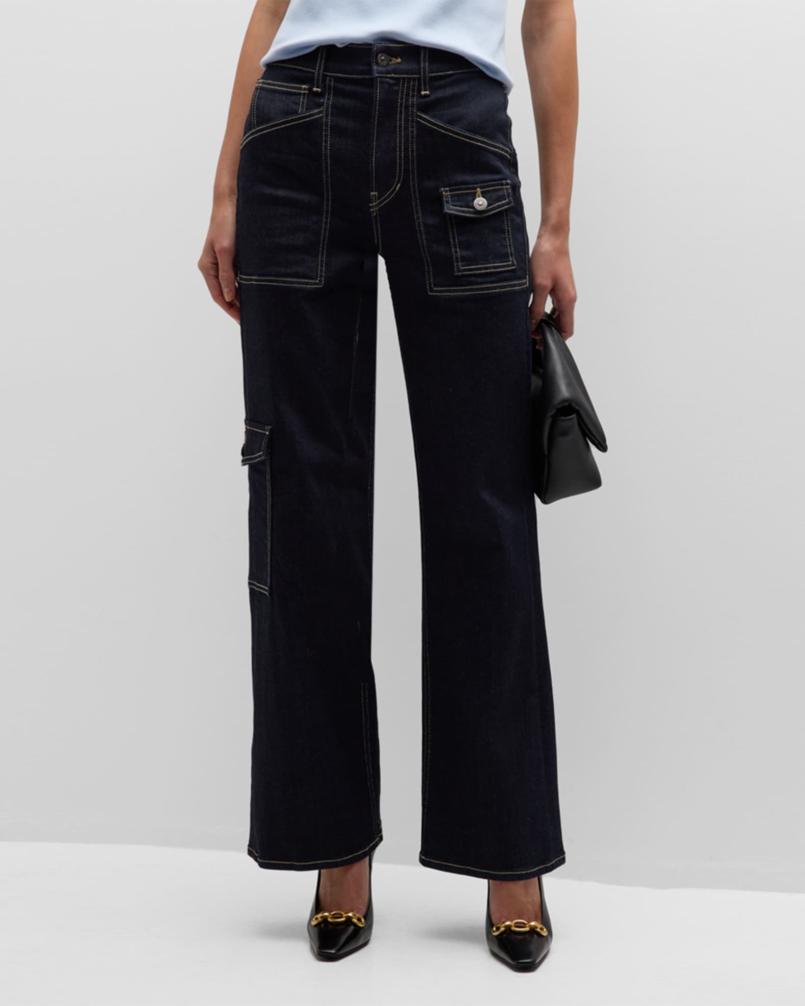 Veronica Beard Crosbie Wide-Leg Denim Cargo Jeans | Neiman Marcus